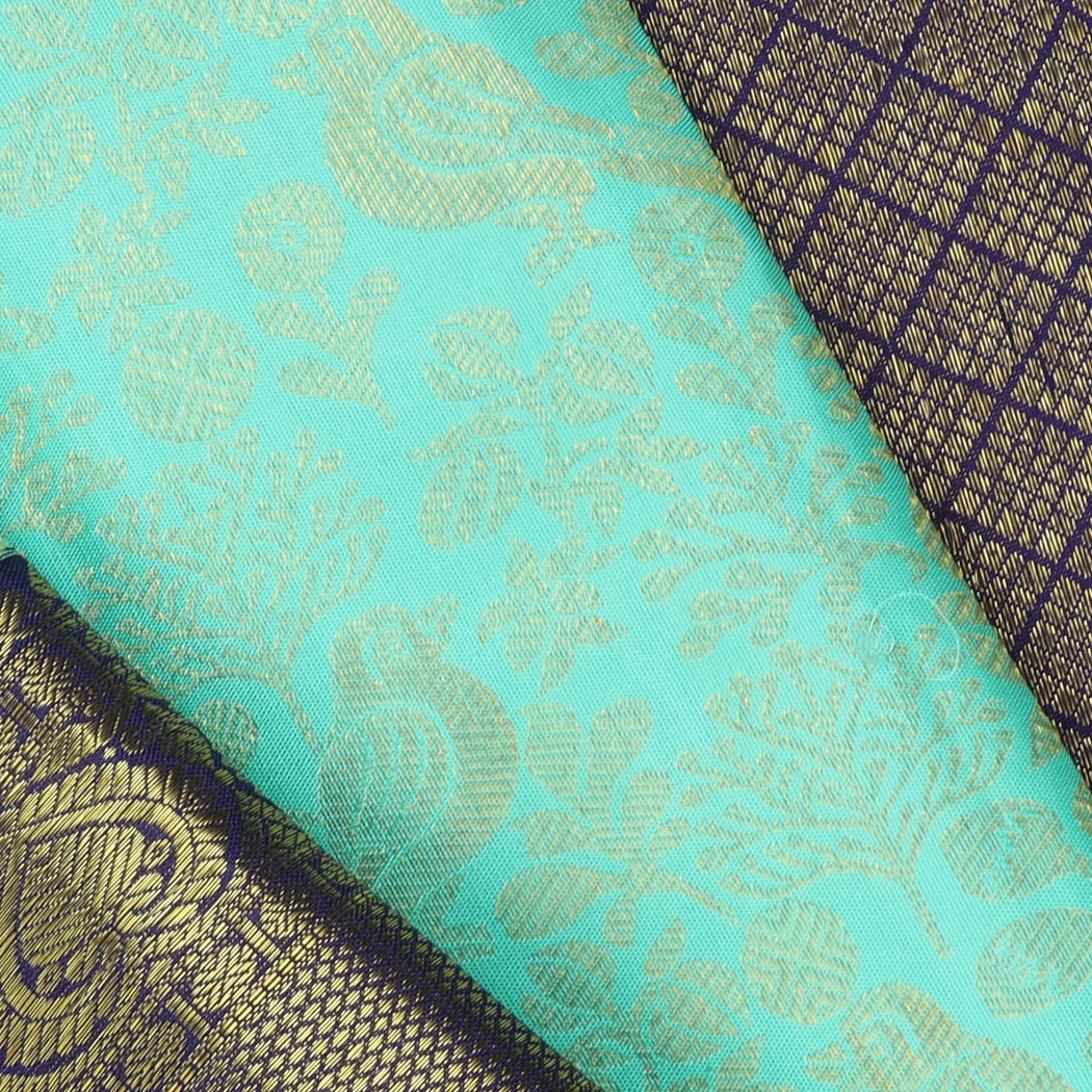 Seafoam Blue Kanjivaram Silk Saree With Floral And Bird Pattern