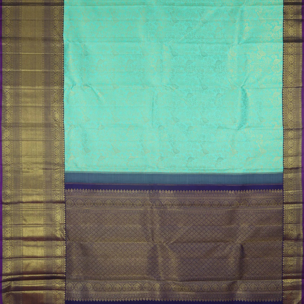 Seafoam Blue Kanjivaram Silk Saree With Floral And Bird Pattern