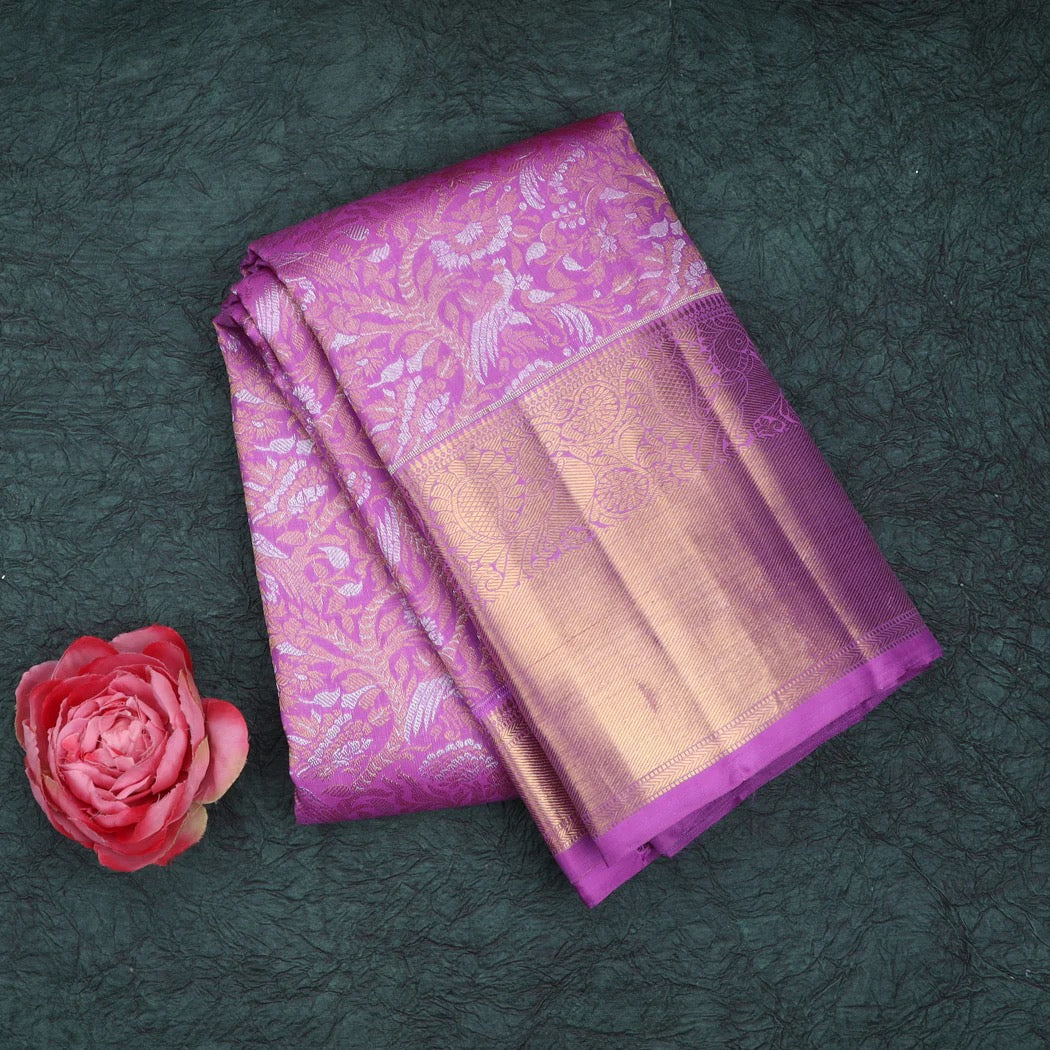 Dark Mauve Kanjivaram Silk Saree With Floral And Bird Pattern