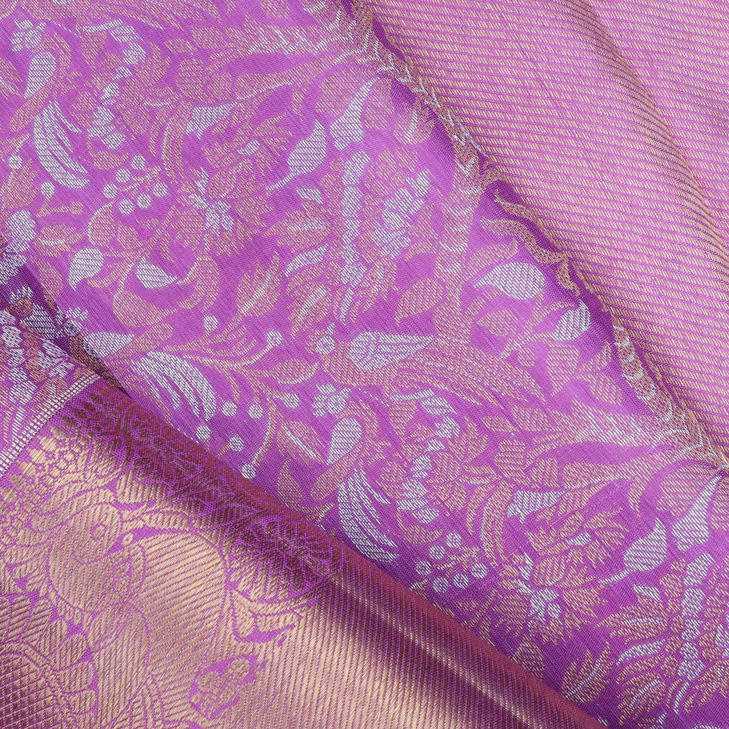 Dark Mauve Kanjivaram Silk Saree With Floral And Bird Pattern