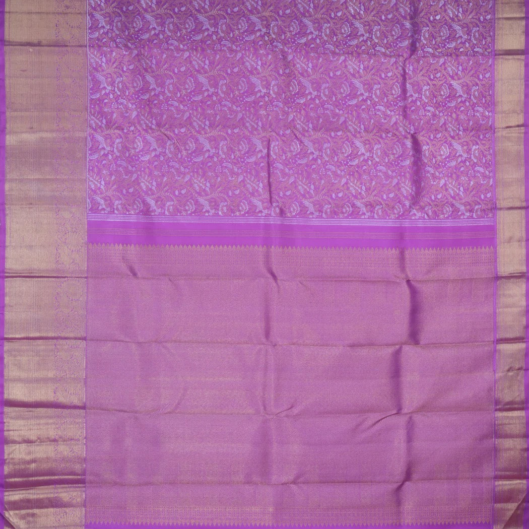 Dark Mauve Kanjivaram Silk Saree With Floral And Bird Pattern
