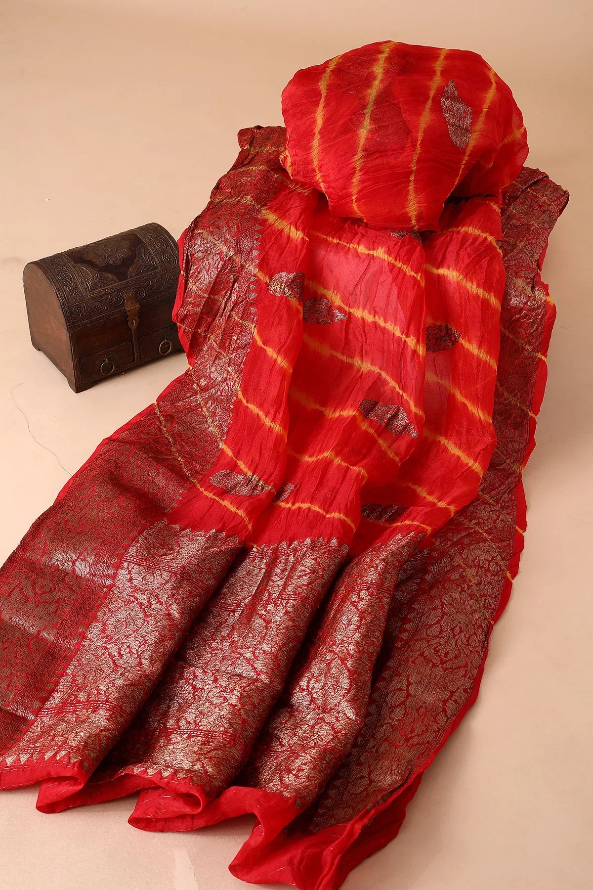 Crimson Red Zari Woven Bandhani Organza Saree