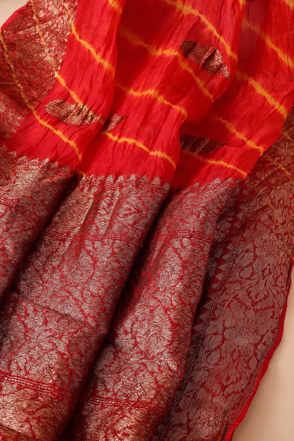 Crimson Red Zari Woven Bandhani Organza Saree