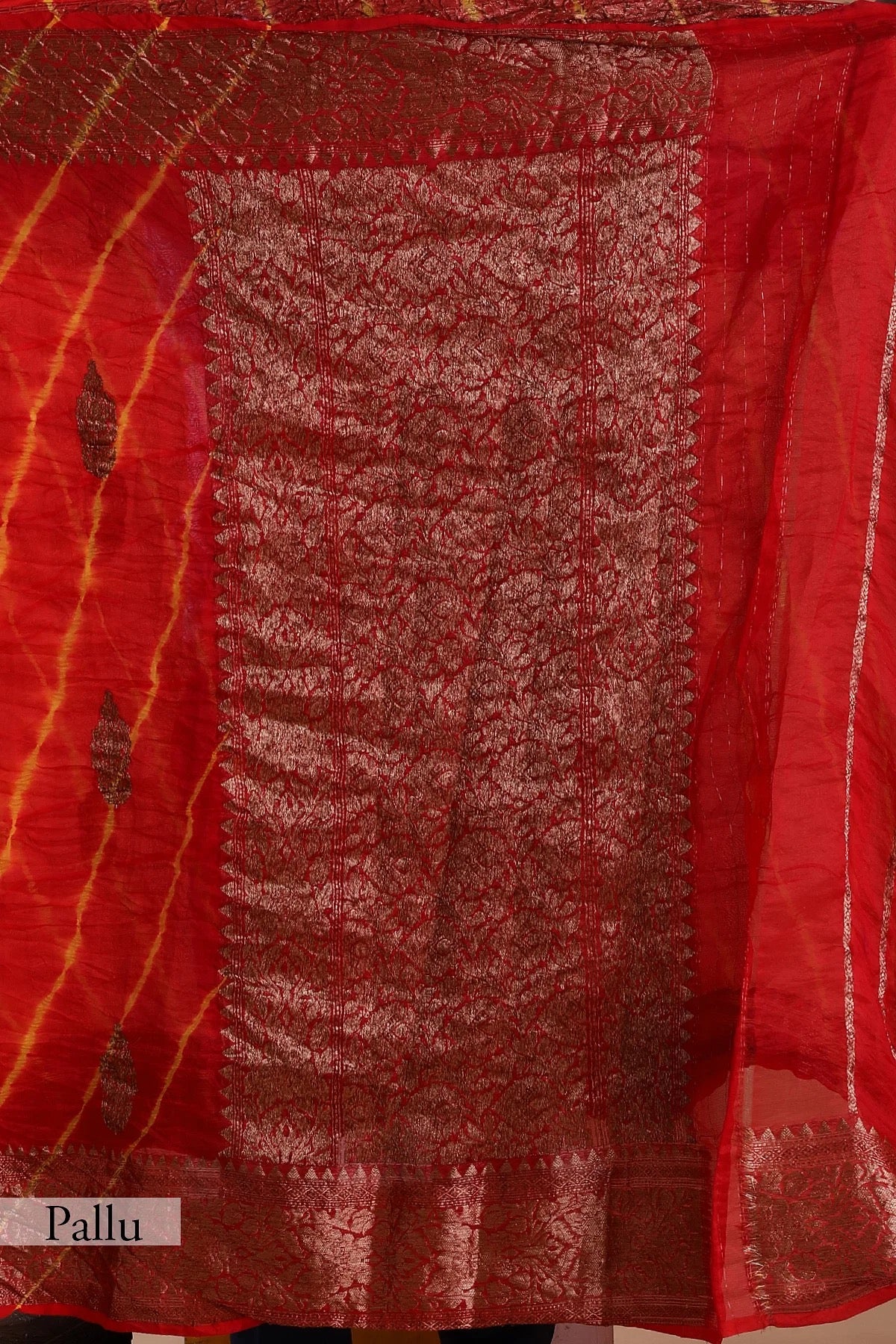 Crimson Red Zari Woven Bandhani Organza Saree