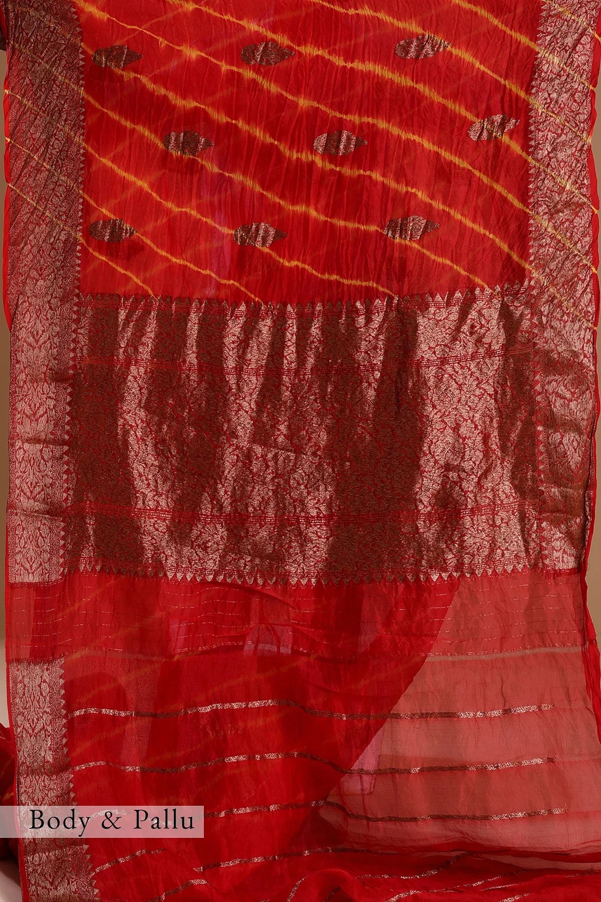 Crimson Red Zari Woven Bandhani Organza Saree