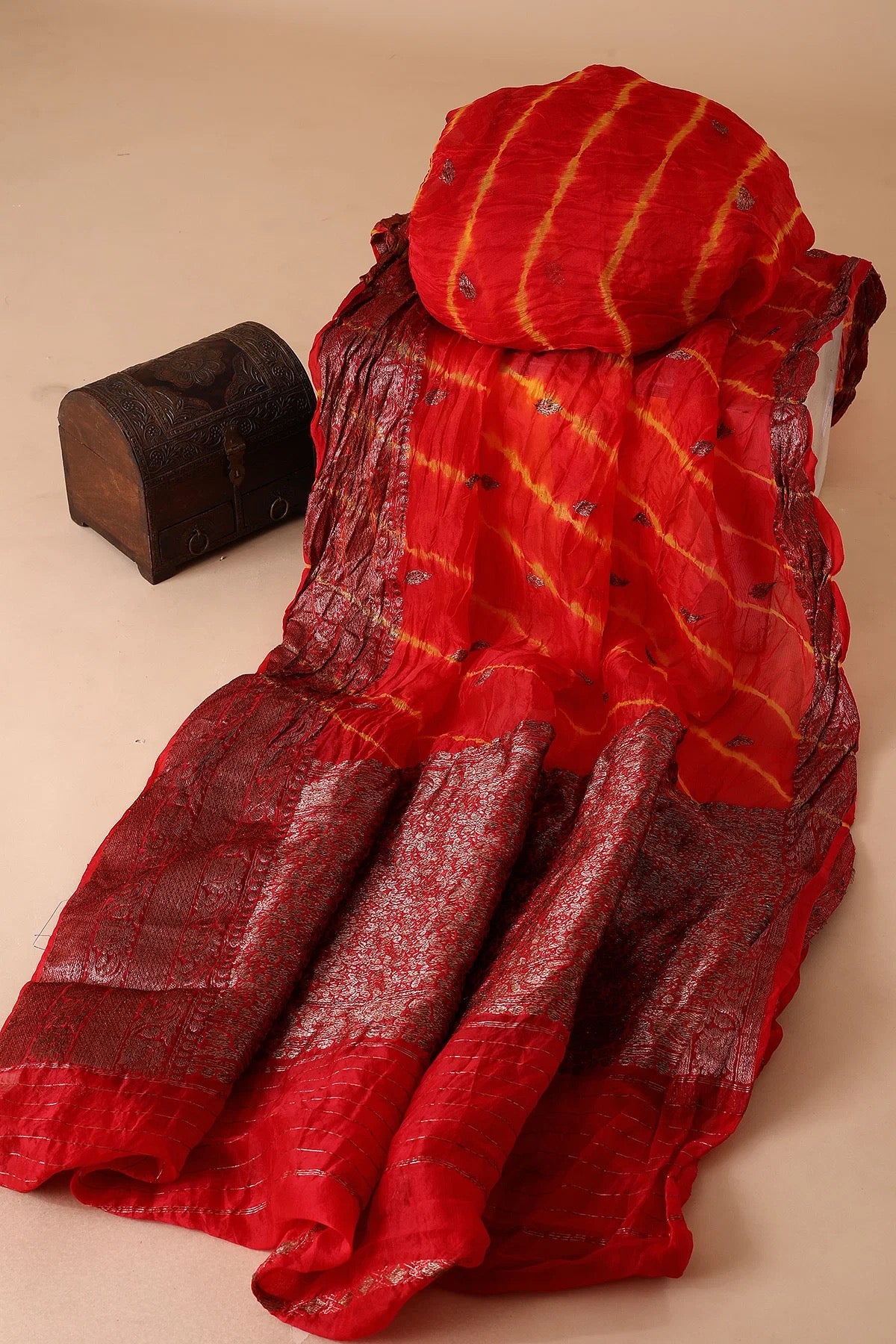 Crimson Red Zari Woven Bandhani Organza Saree