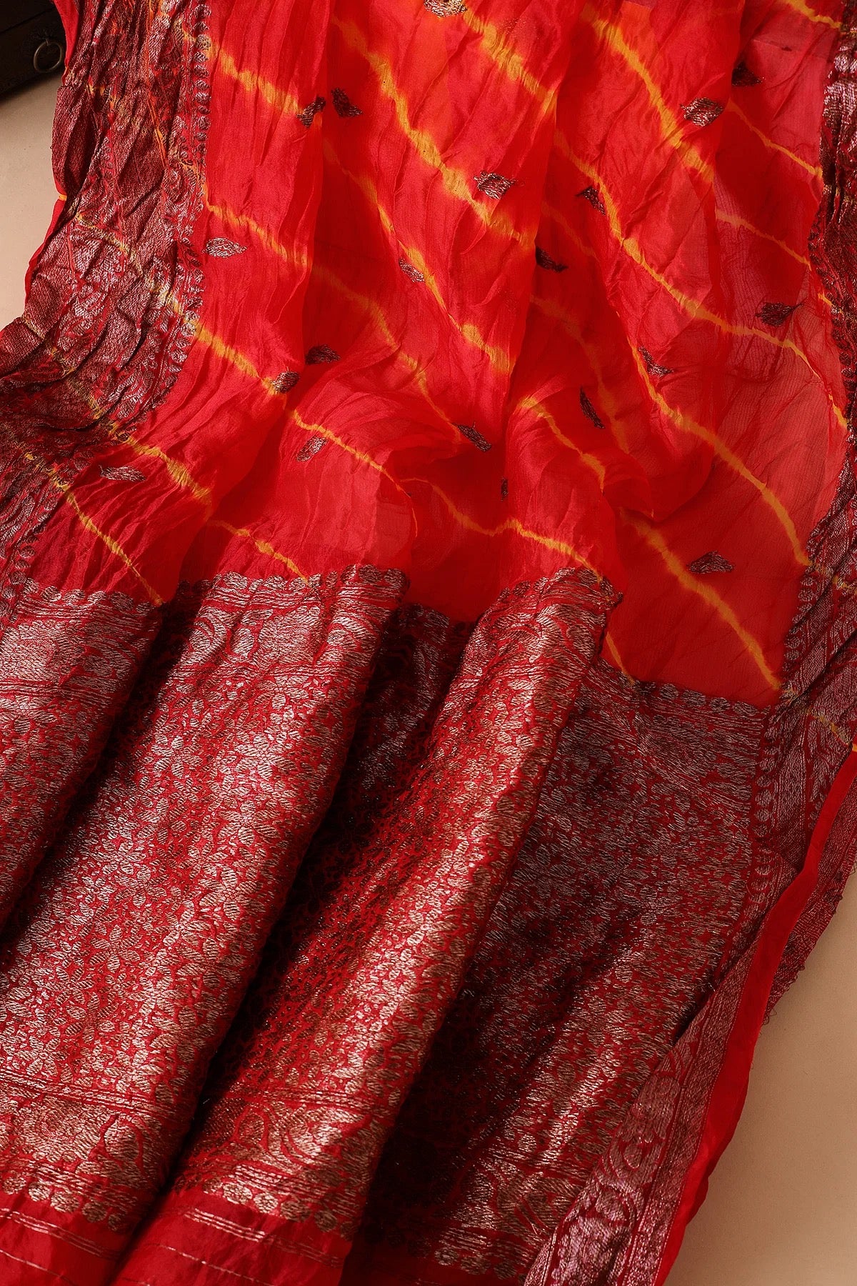 Crimson Red Zari Woven Bandhani Organza Saree