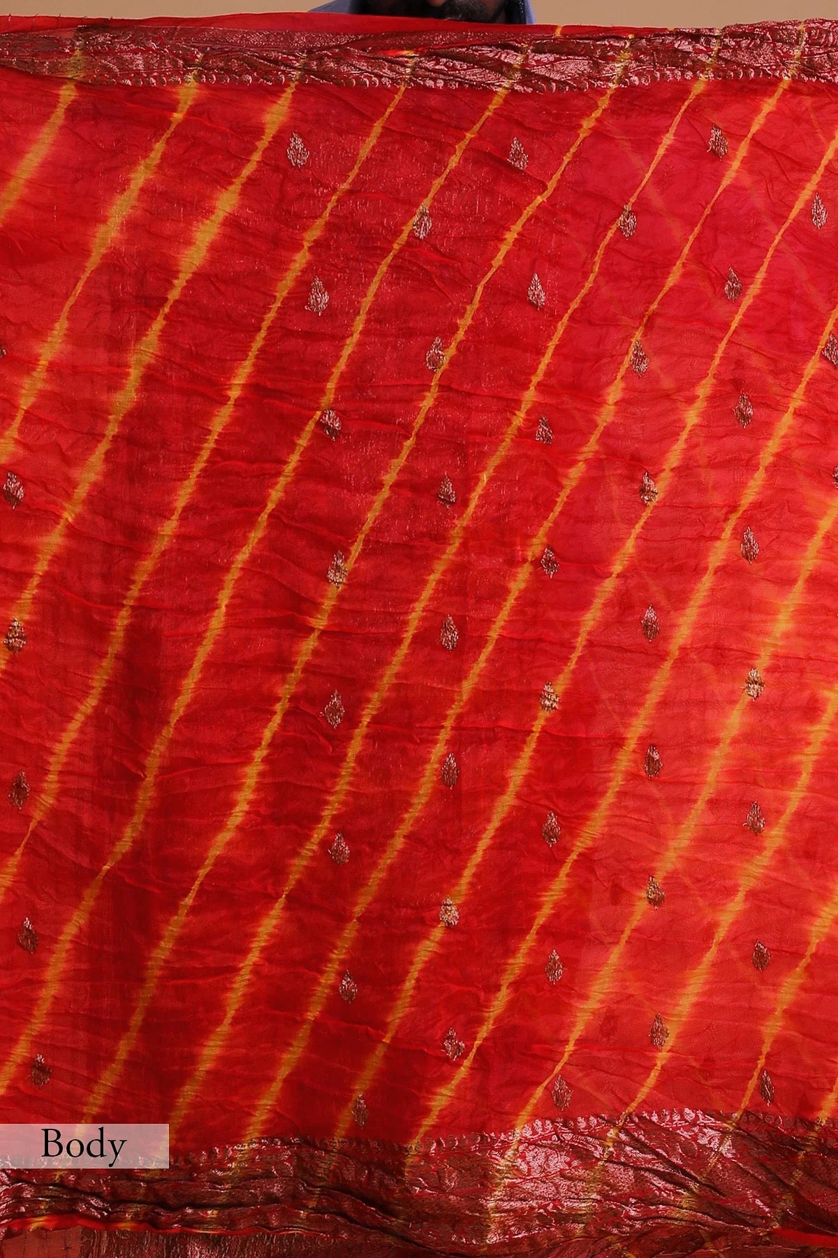 Crimson Red Zari Woven Bandhani Organza Saree