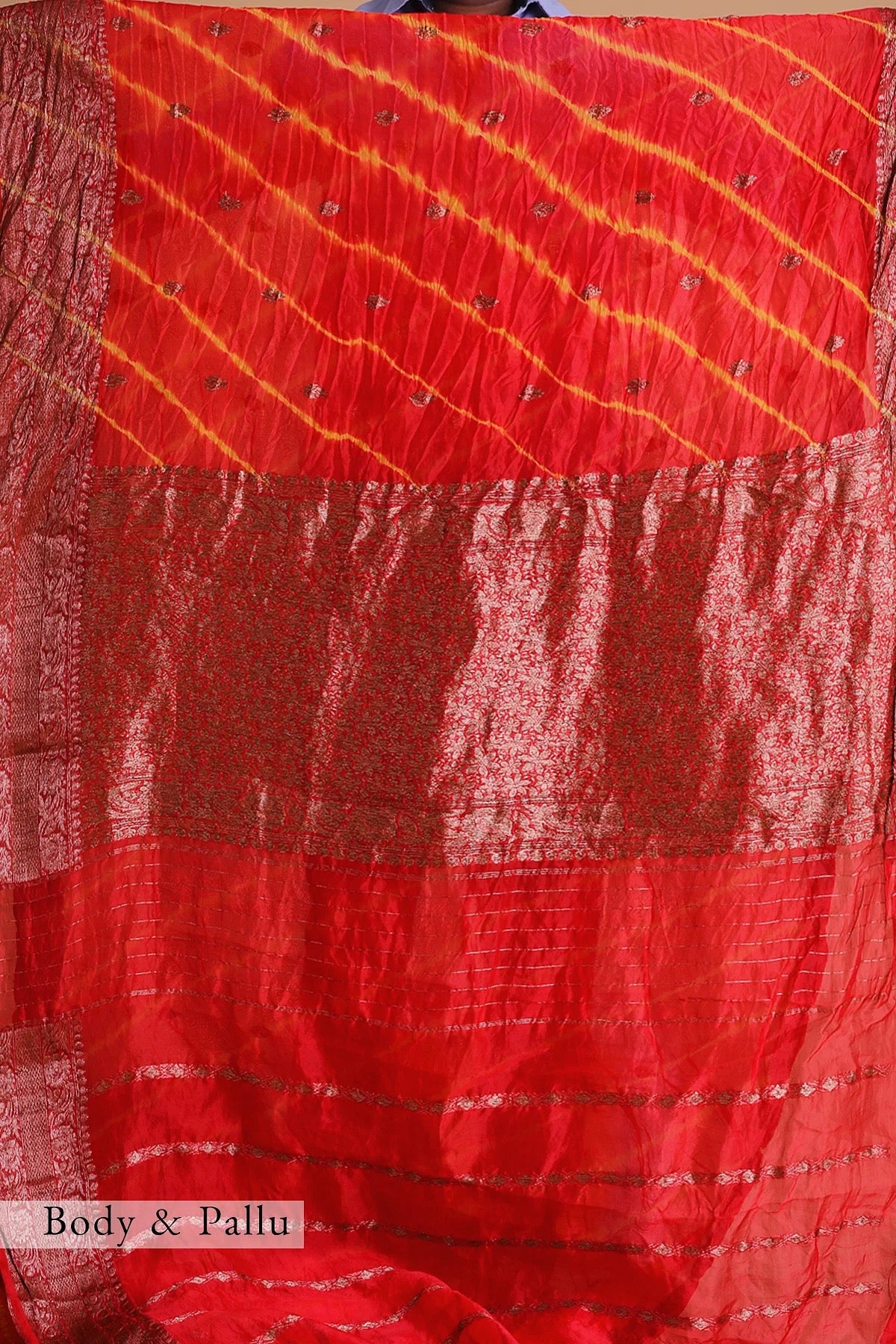 Crimson Red Zari Woven Bandhani Organza Saree