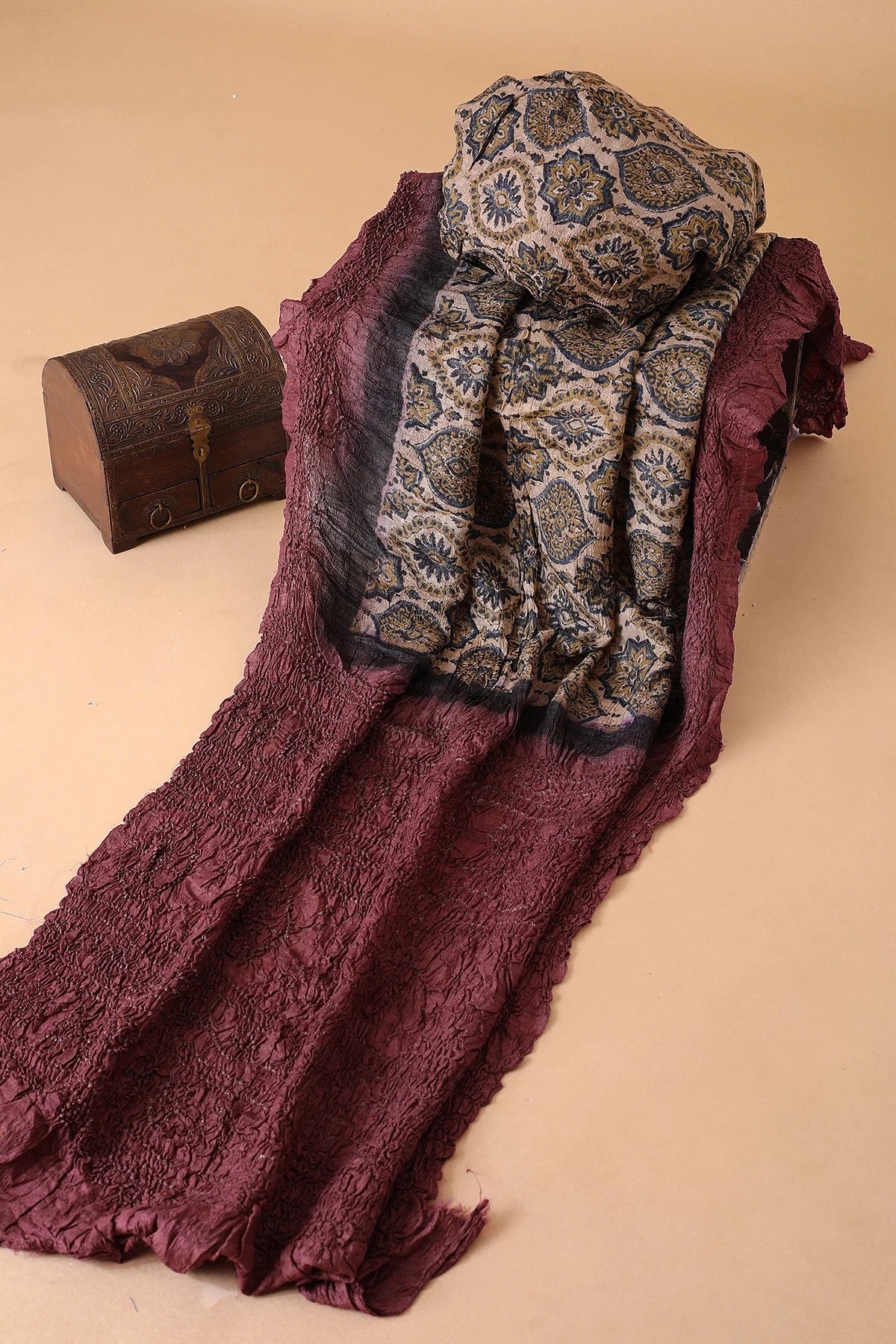 Light Beige Bandhani Printed Tussar Silk Saree