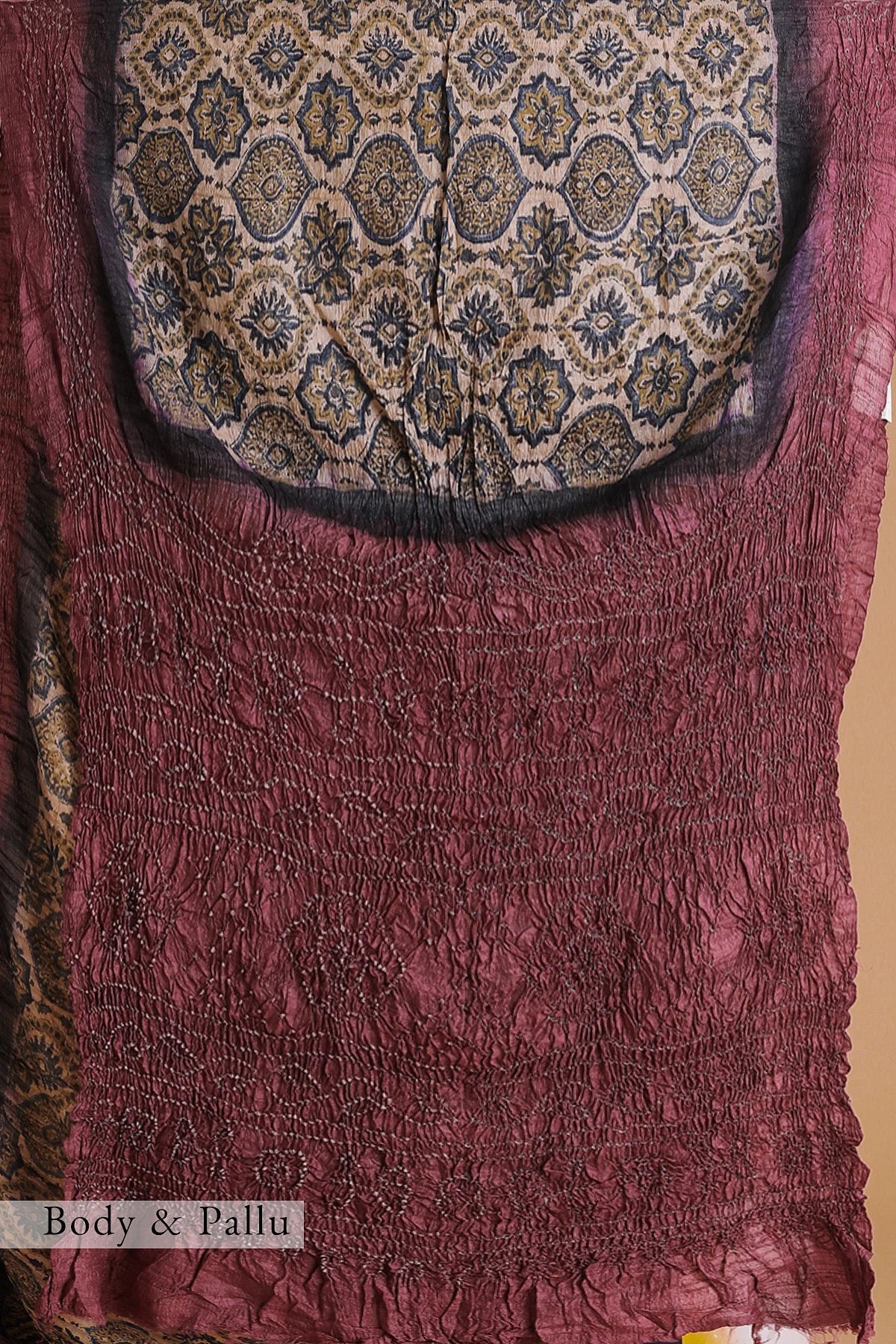 Light Beige Bandhani Printed Tussar Silk Saree
