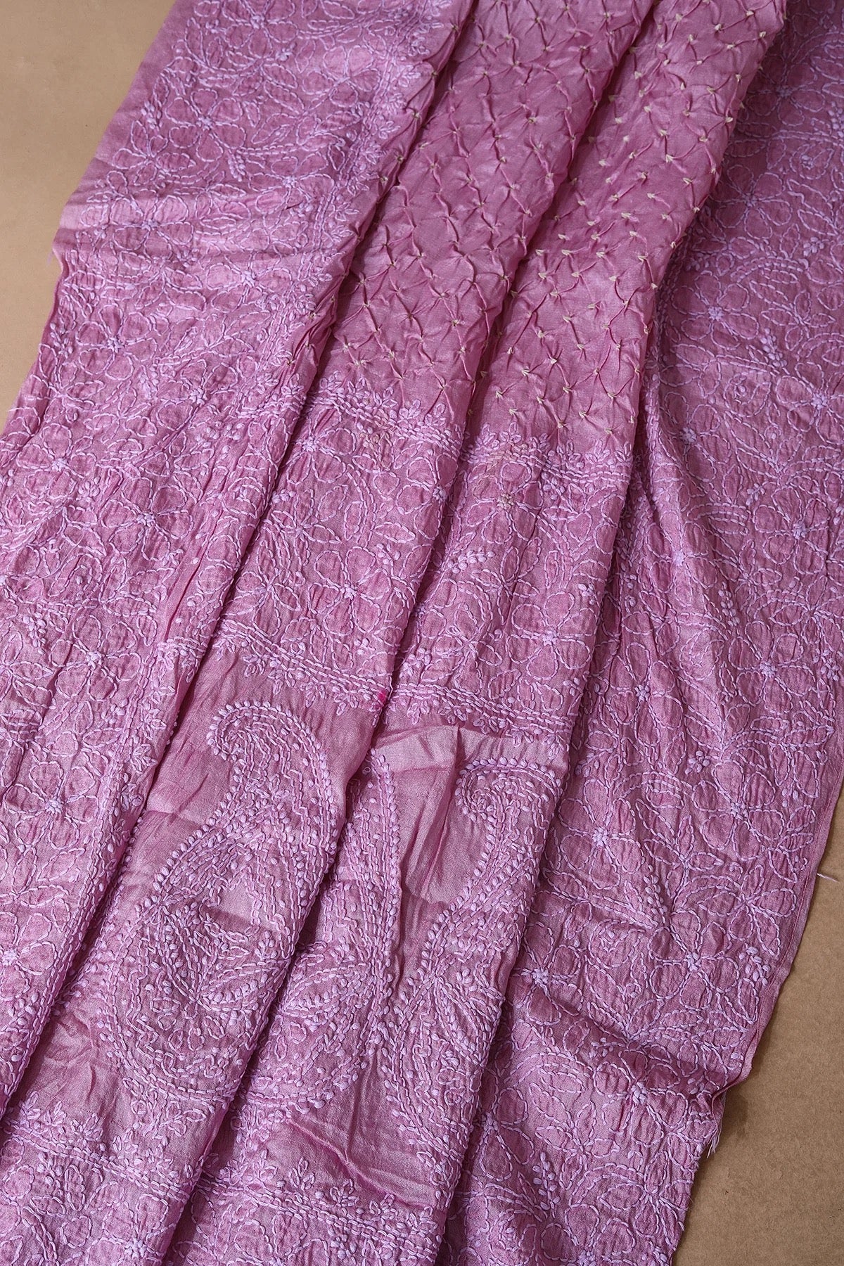 Lilac Snow Purple Bandhani Printed Tussar Silk Saree