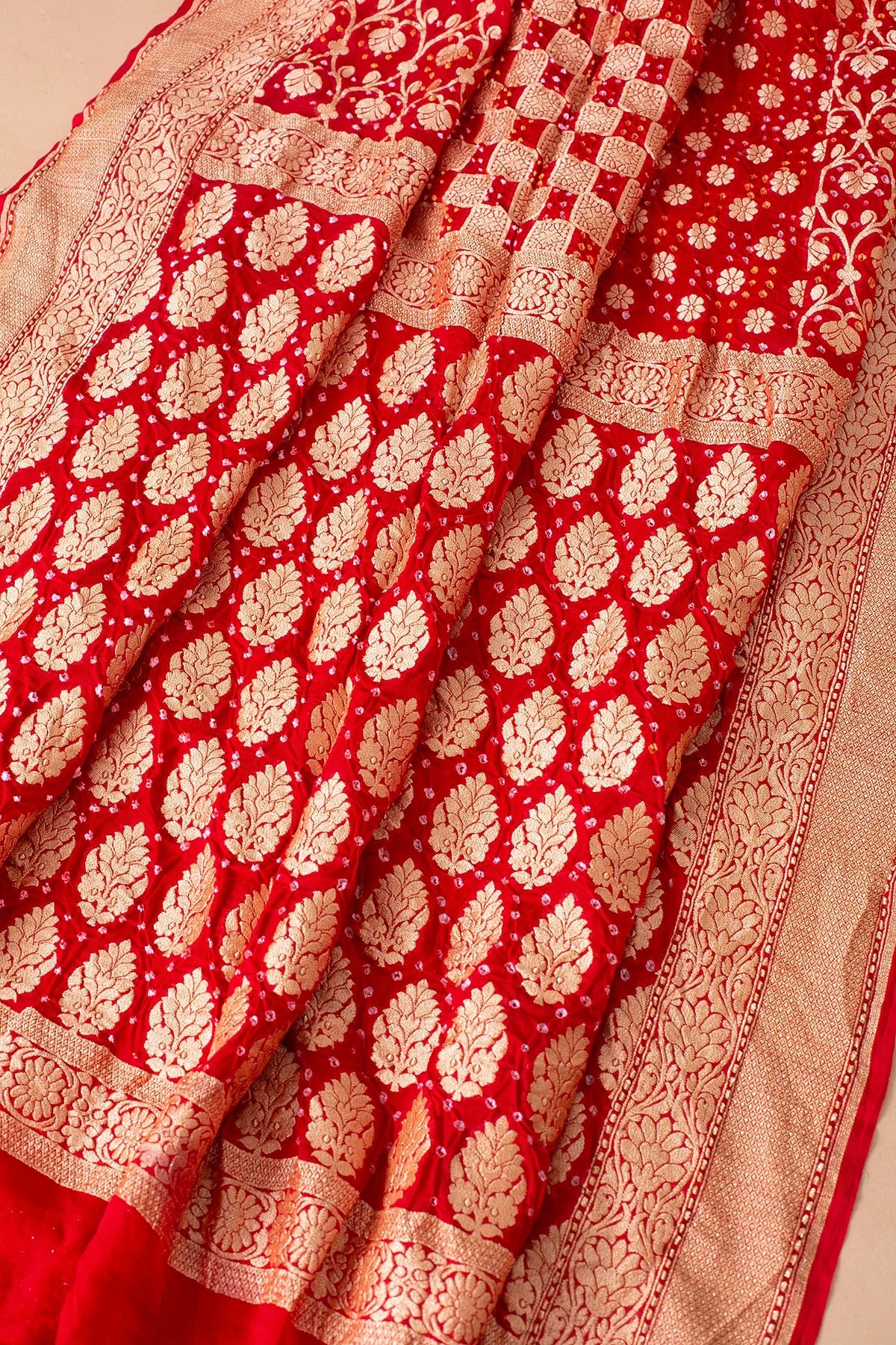 Crimson Red Bandhani Printed Georgette Saree