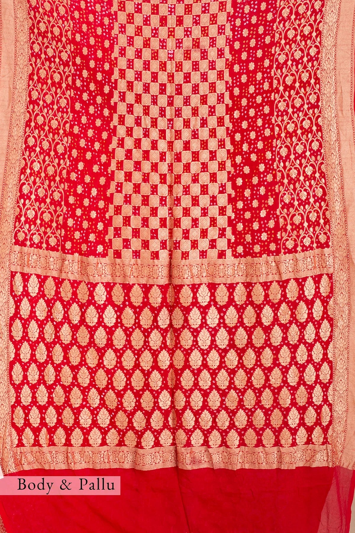 Crimson Red Bandhani Printed Georgette Saree