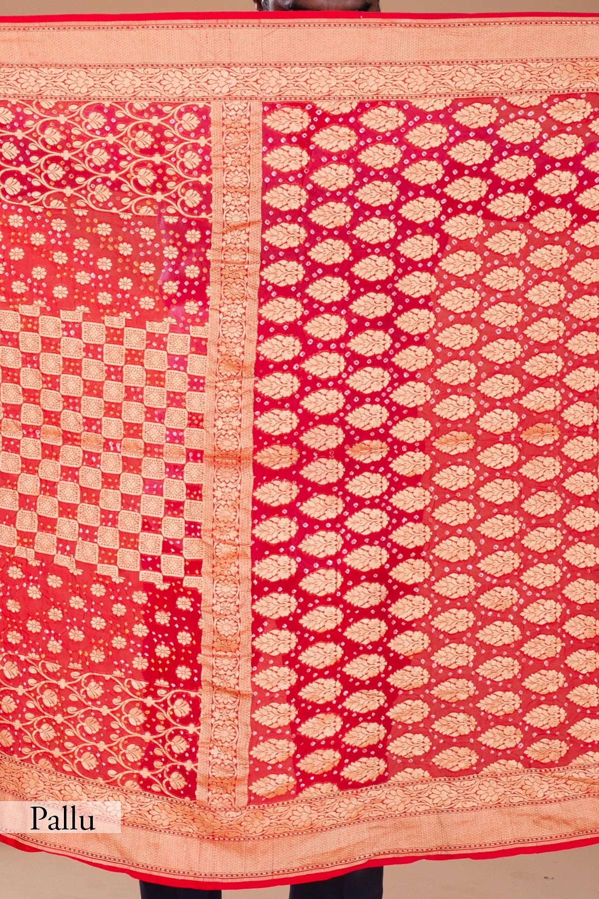 Crimson Red Bandhani Printed Georgette Saree