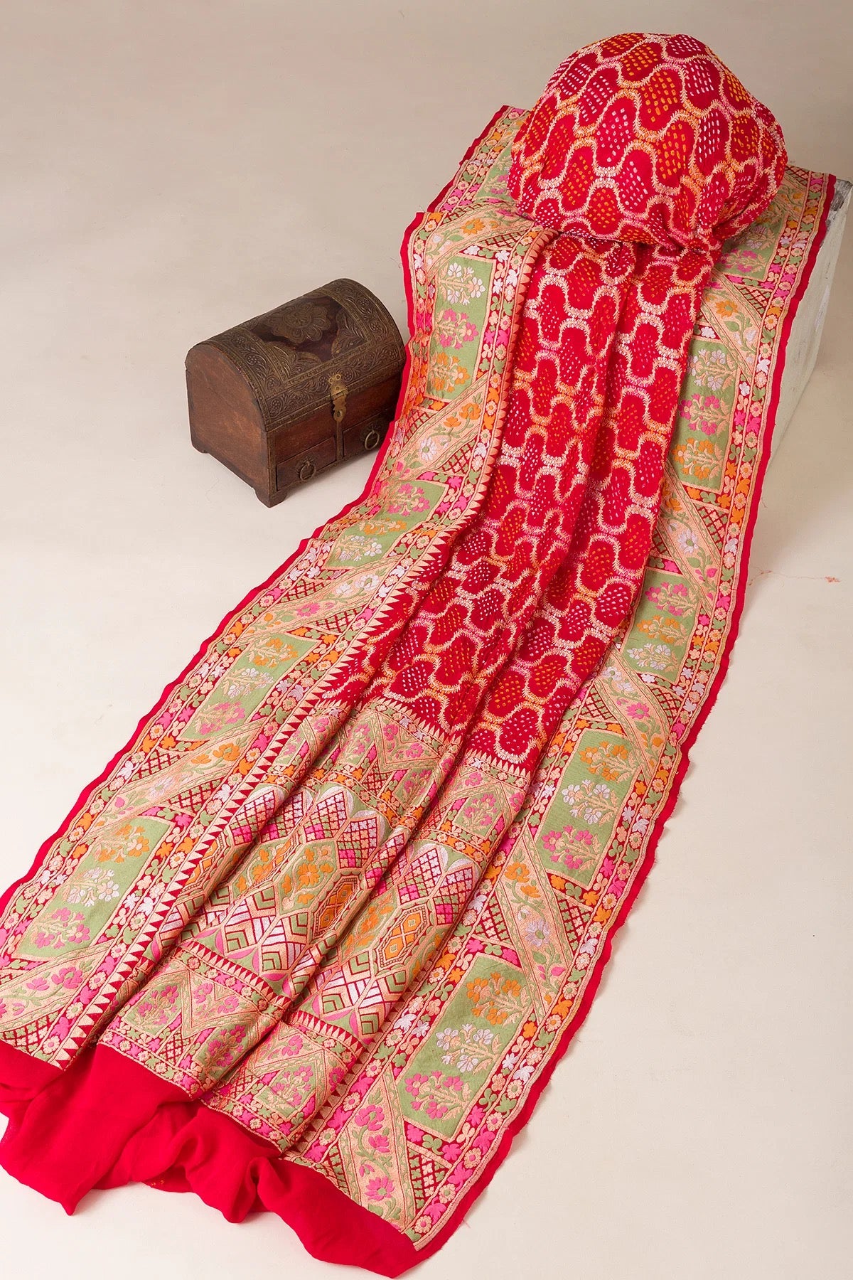 Crimson Red Bandhani Printed Kota Doriya Saree