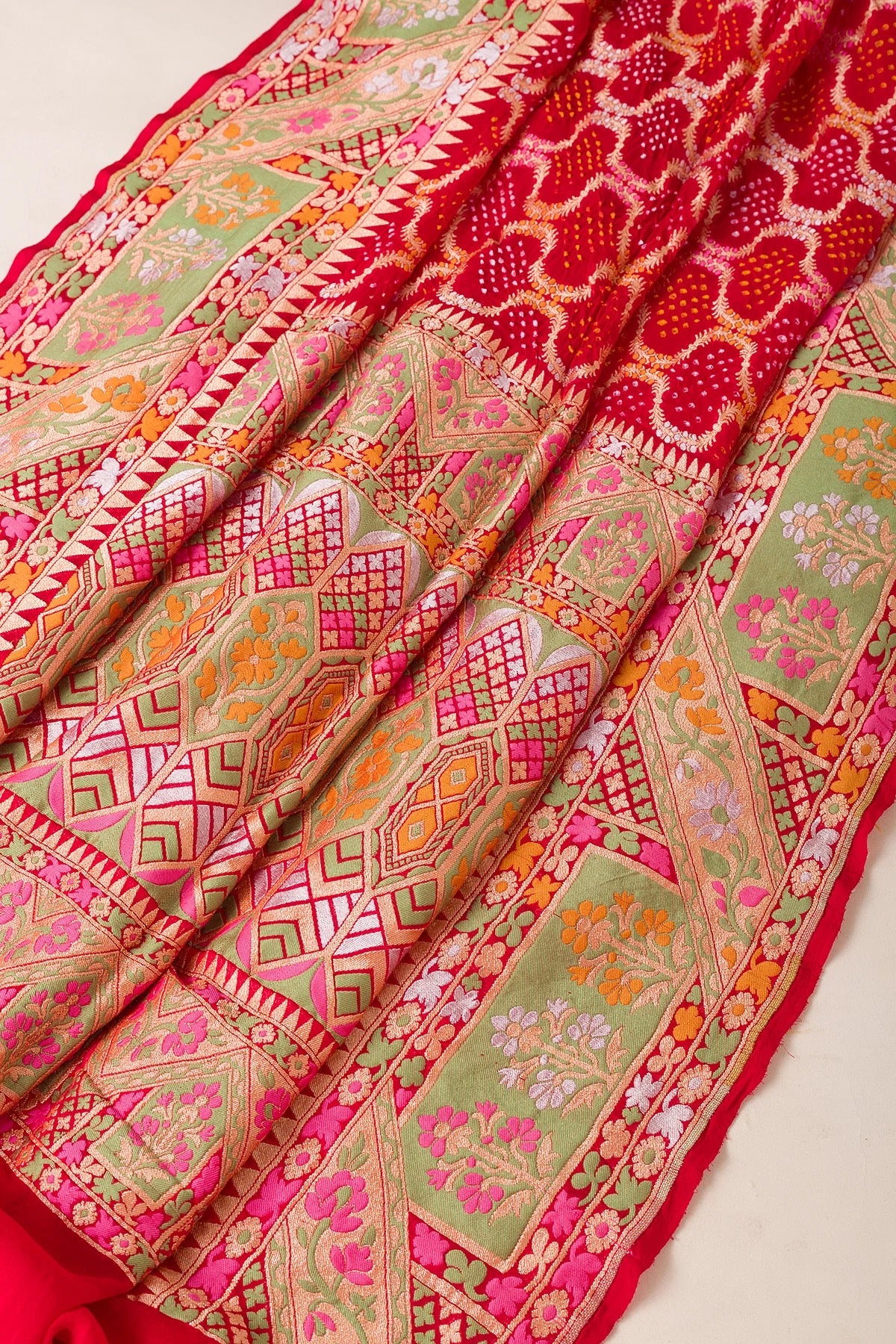 Crimson Red Bandhani Printed Kota Doriya Saree
