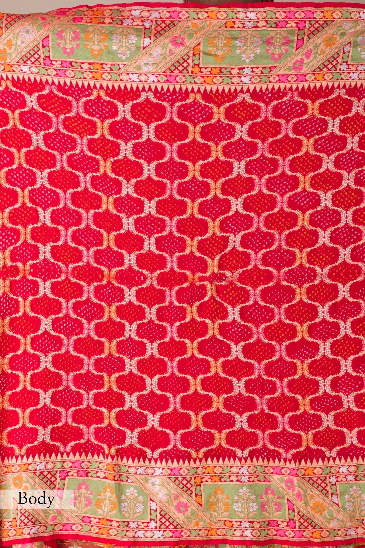 Crimson Red Bandhani Printed Kota Doriya Saree