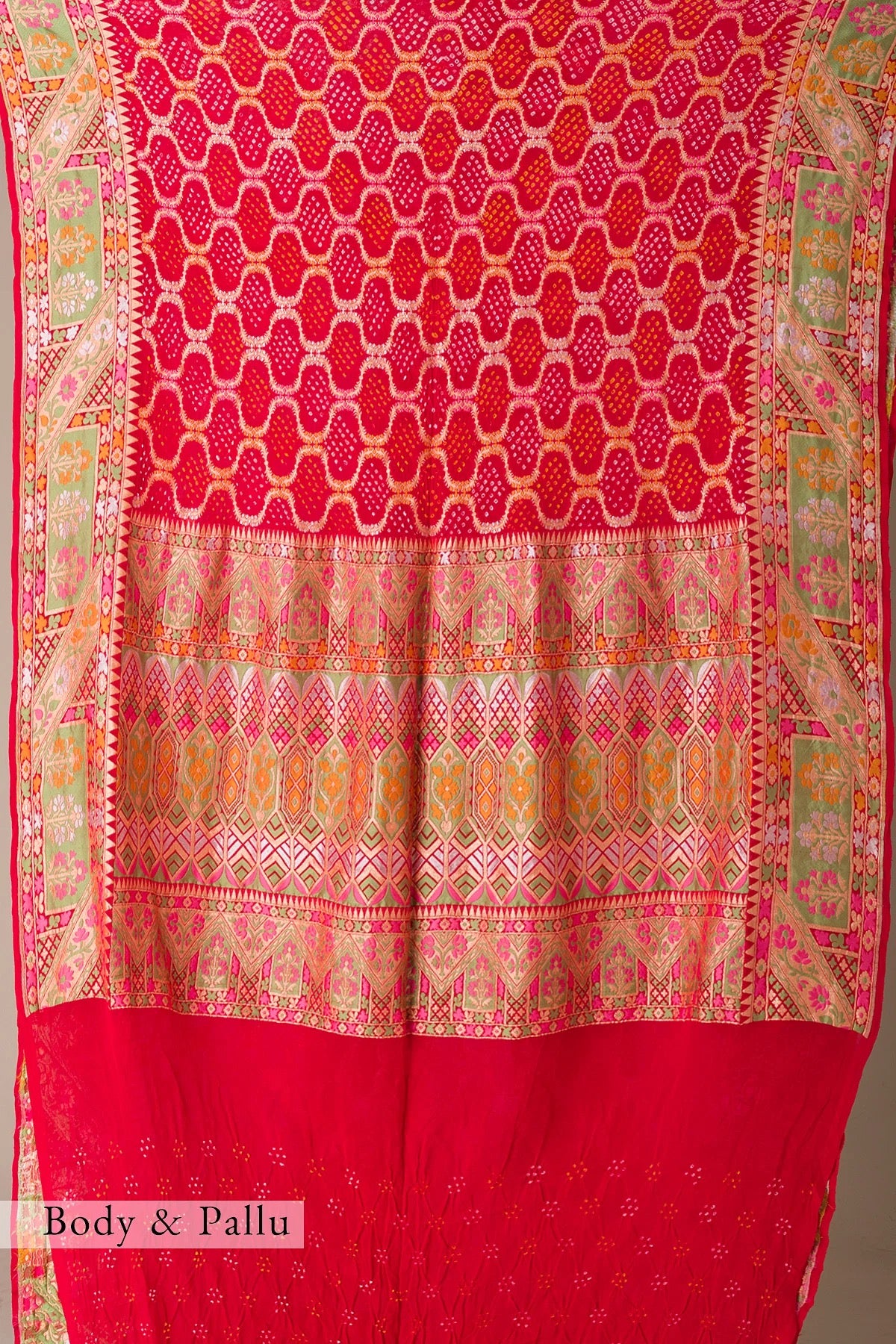 Crimson Red Bandhani Printed Kota Doriya Saree