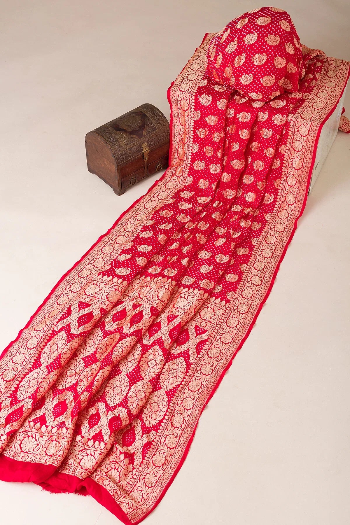 Dark Red Bandhani Printed Kota Doriya Saree