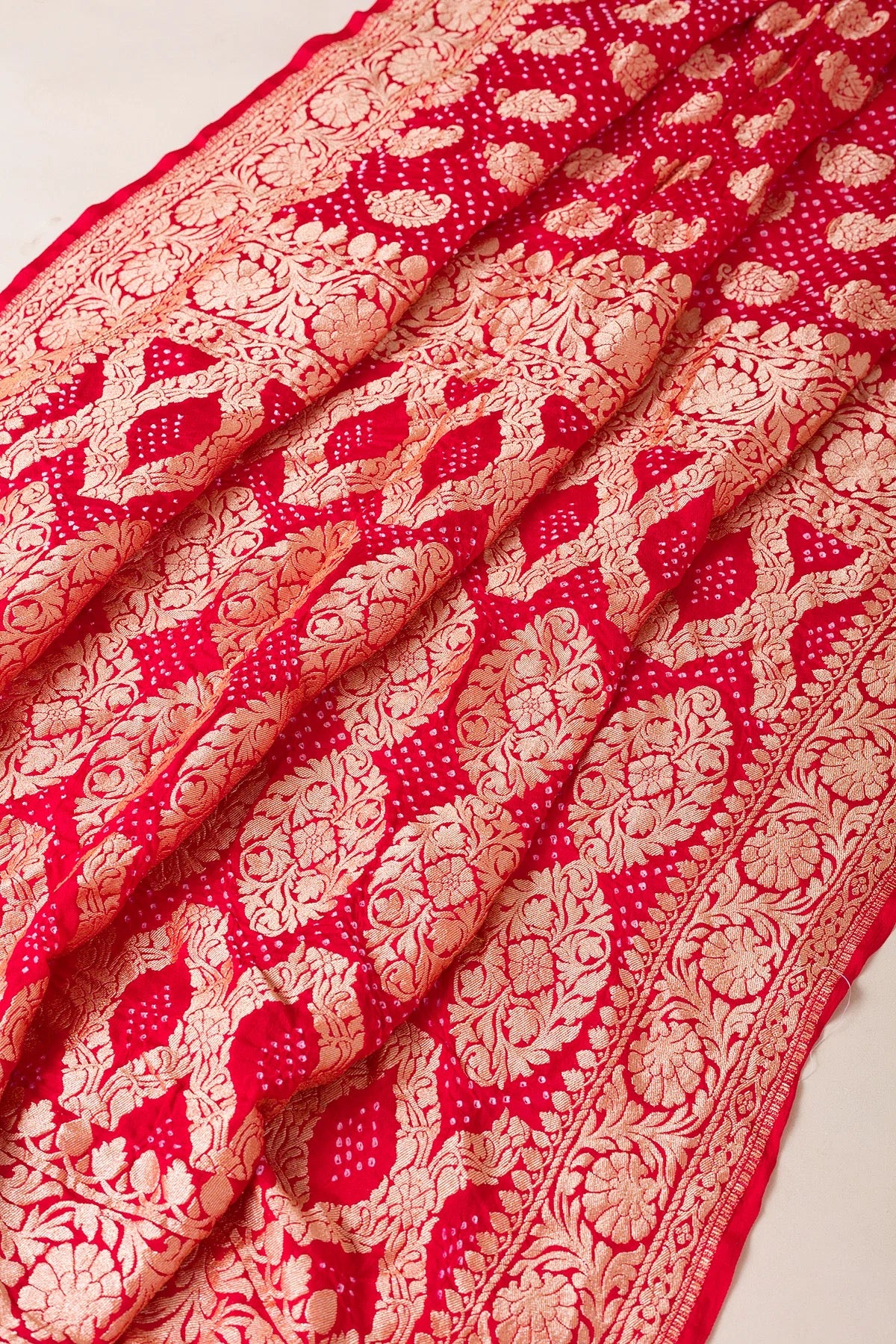 Dark Red Bandhani Printed Kota Doriya Saree