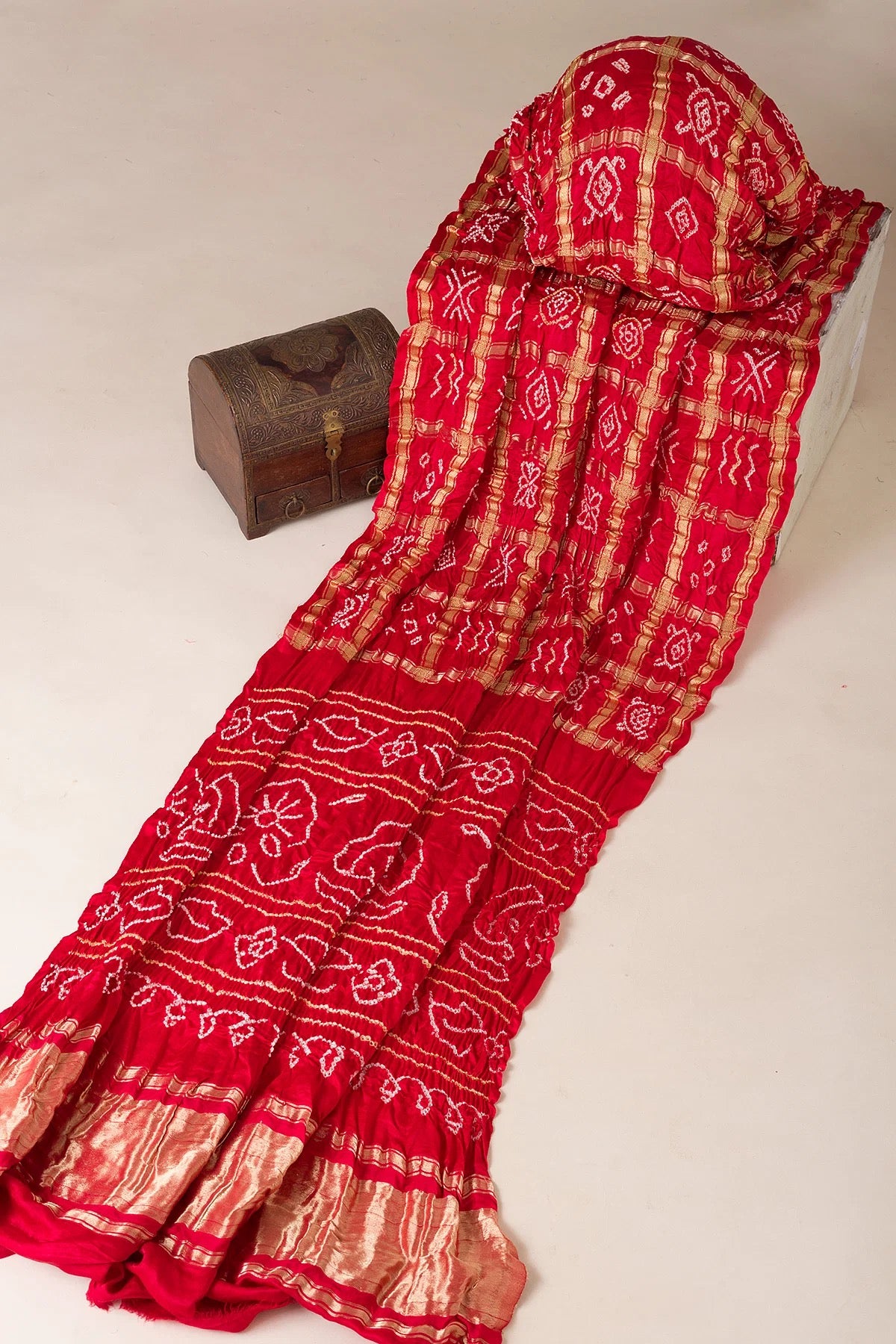 Crimson Red Bandhani Printed Silk Saree