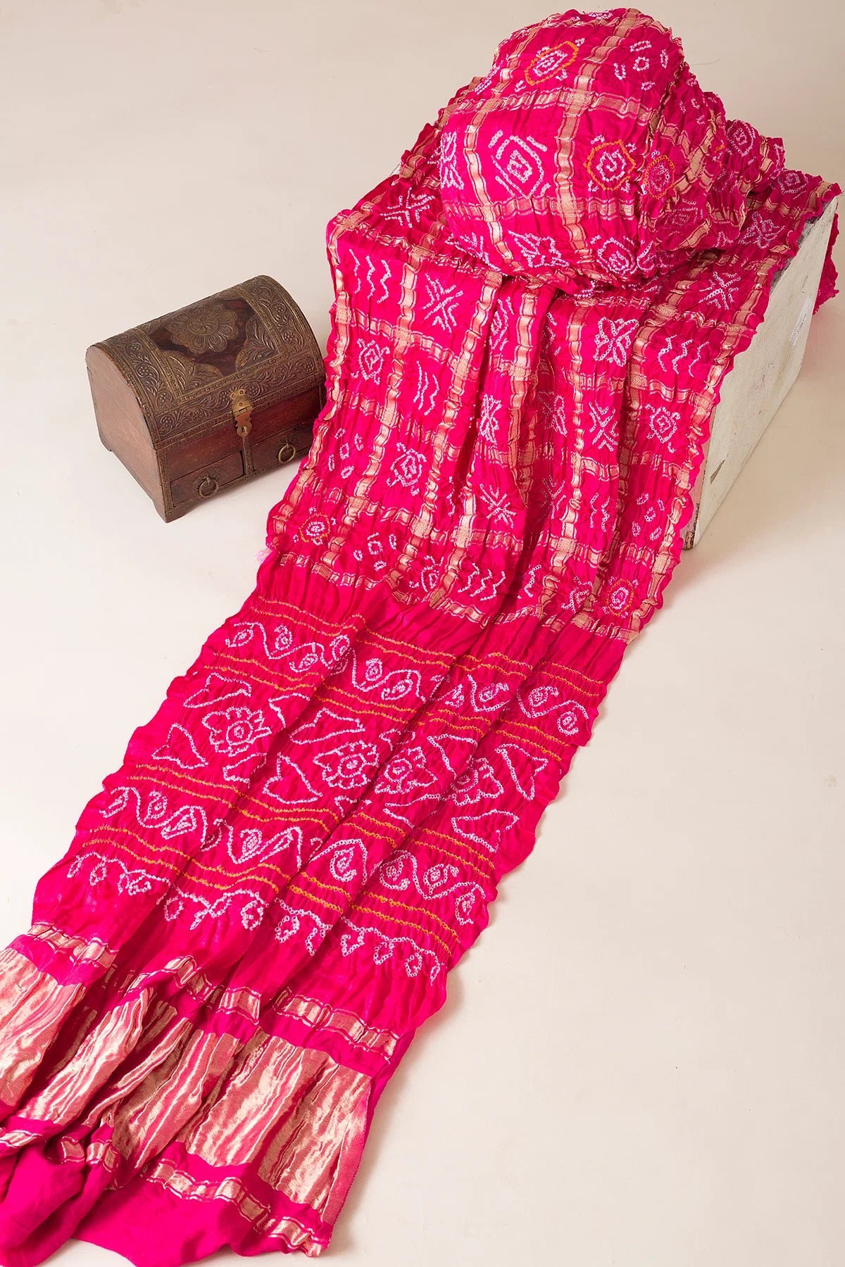 Bright Rose Pink Bandhani Printed Silk Saree