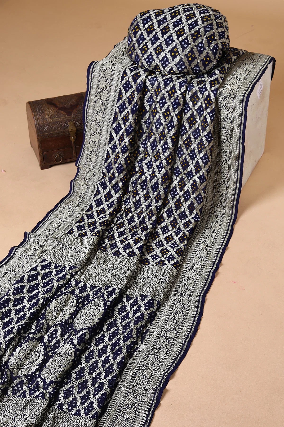 Dark Navy Blue Bandhani Printed Georgette Saree