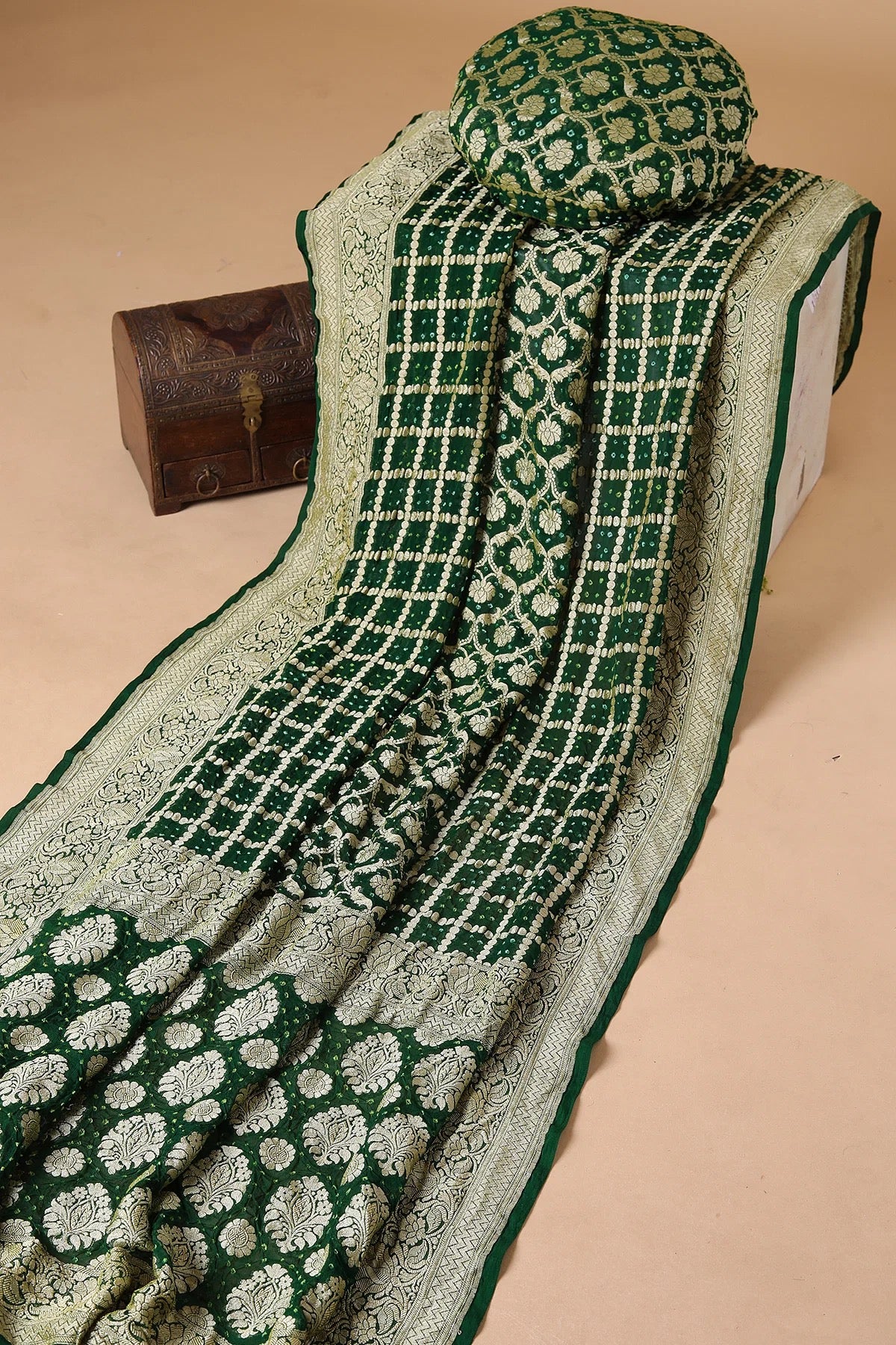 British Racing Green Bandhani Printed Georgette Saree