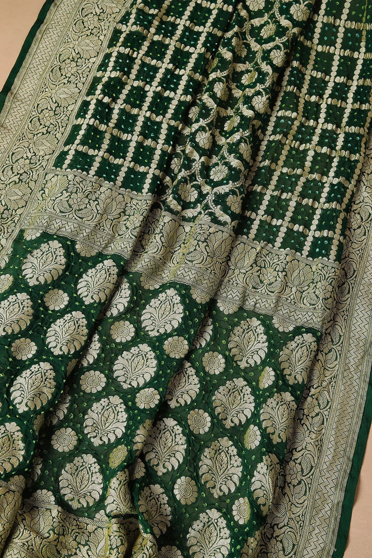 British Racing Green Bandhani Printed Georgette Saree