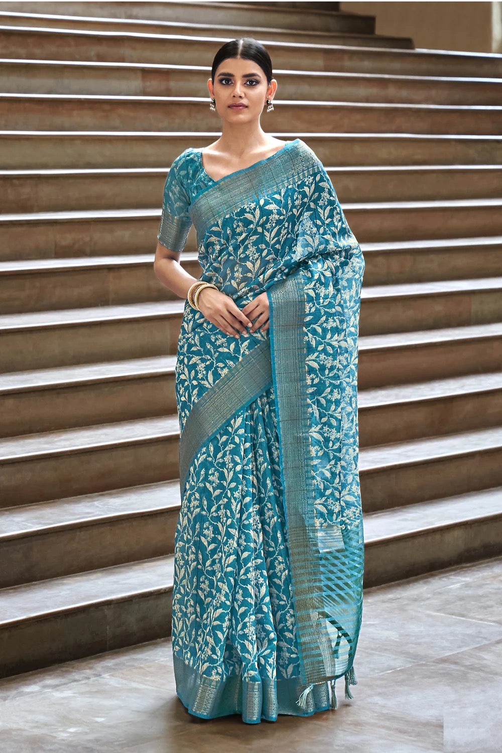 Blue Printed Linen Silk Saree