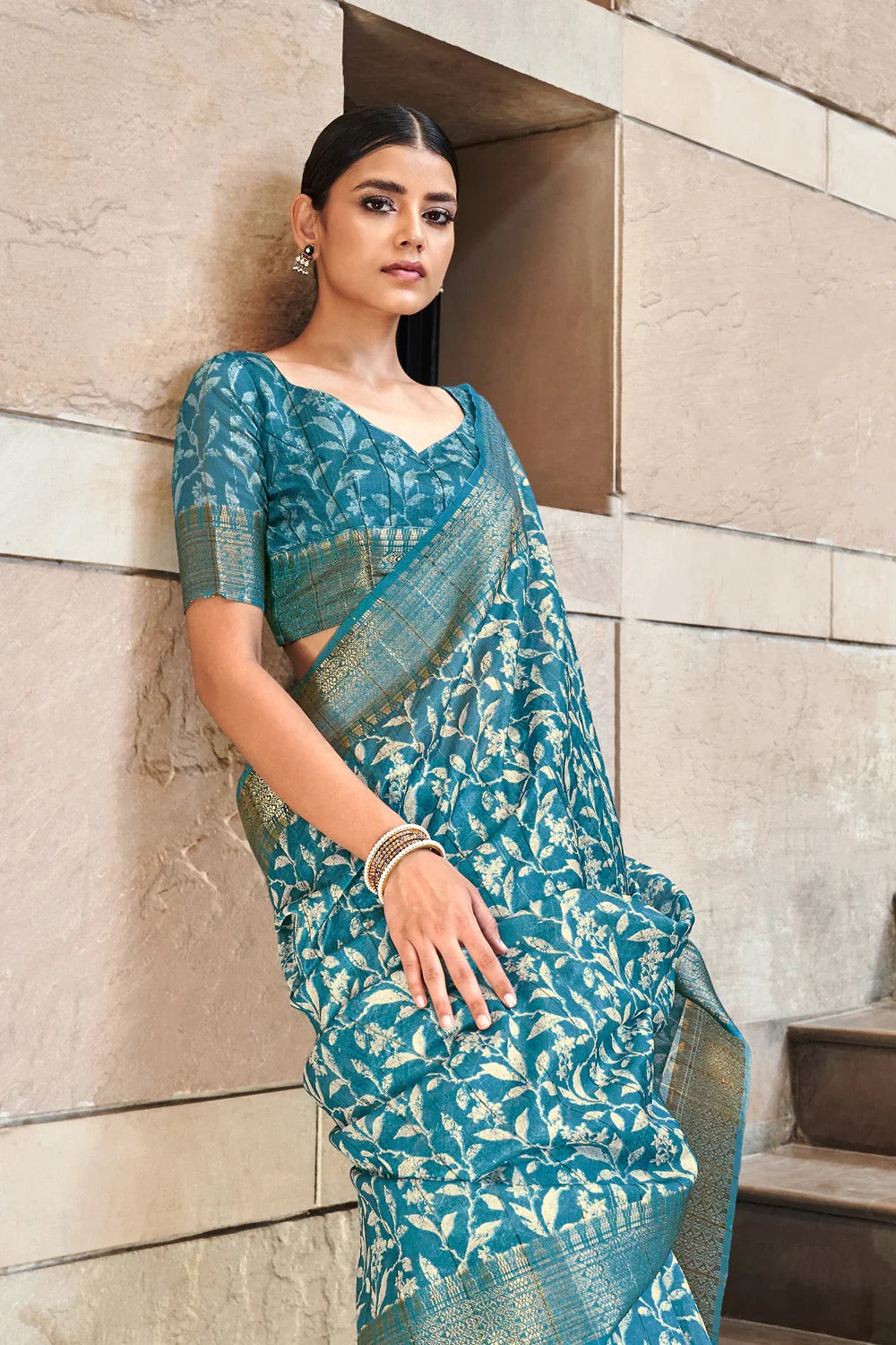 Blue Printed Linen Silk Saree