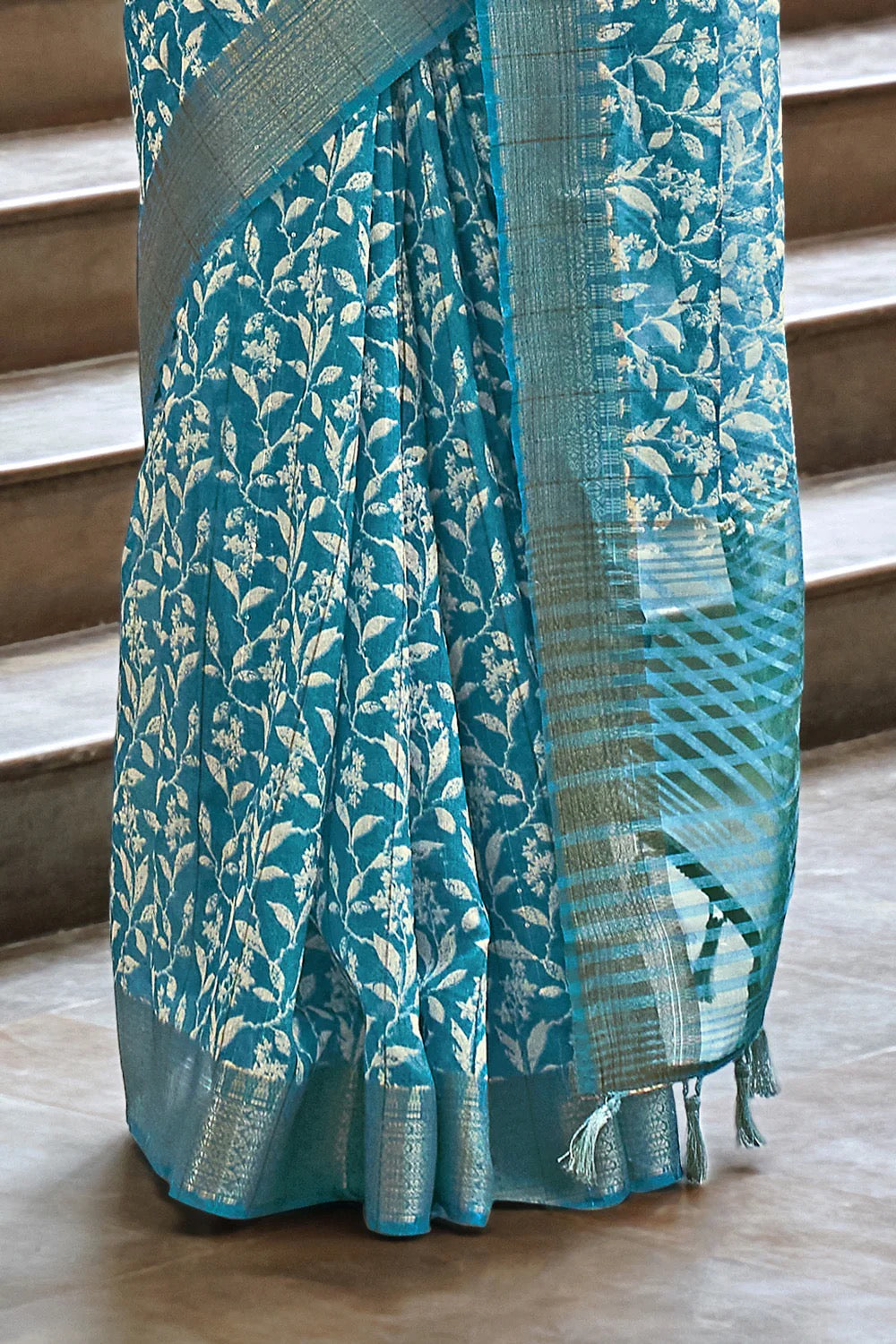 Blue Printed Linen Silk Saree
