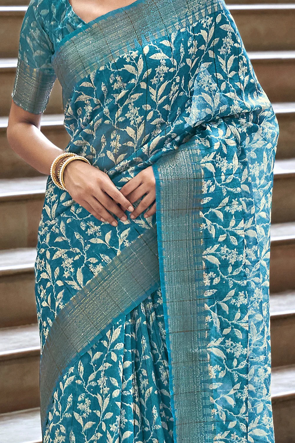 Blue Printed Linen Silk Saree