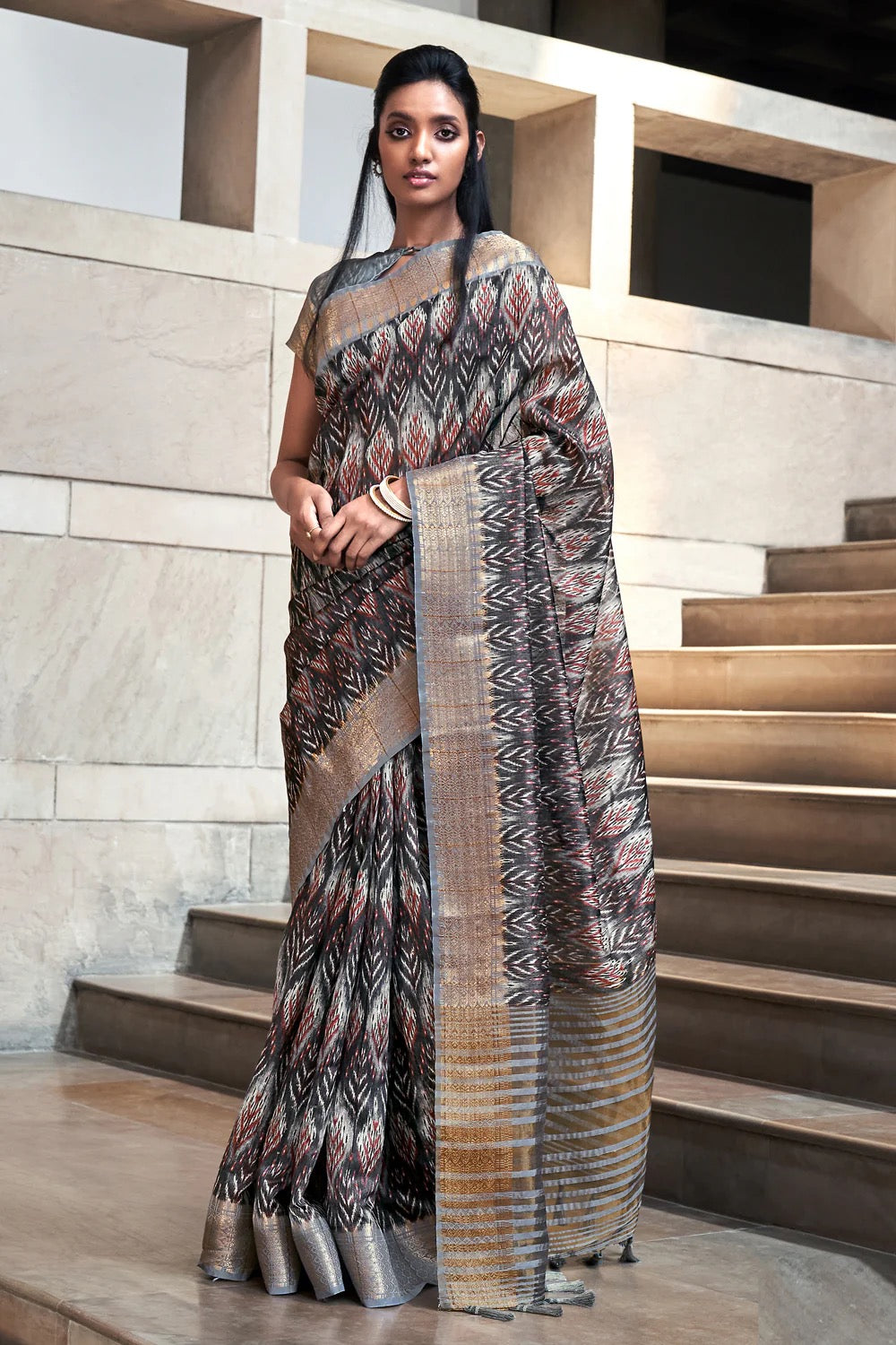 Black Printed Ajrakh Silk Saree