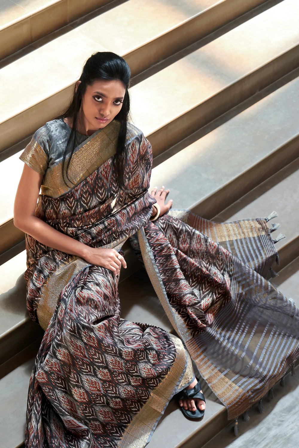 Black Printed Ajrakh Silk Saree