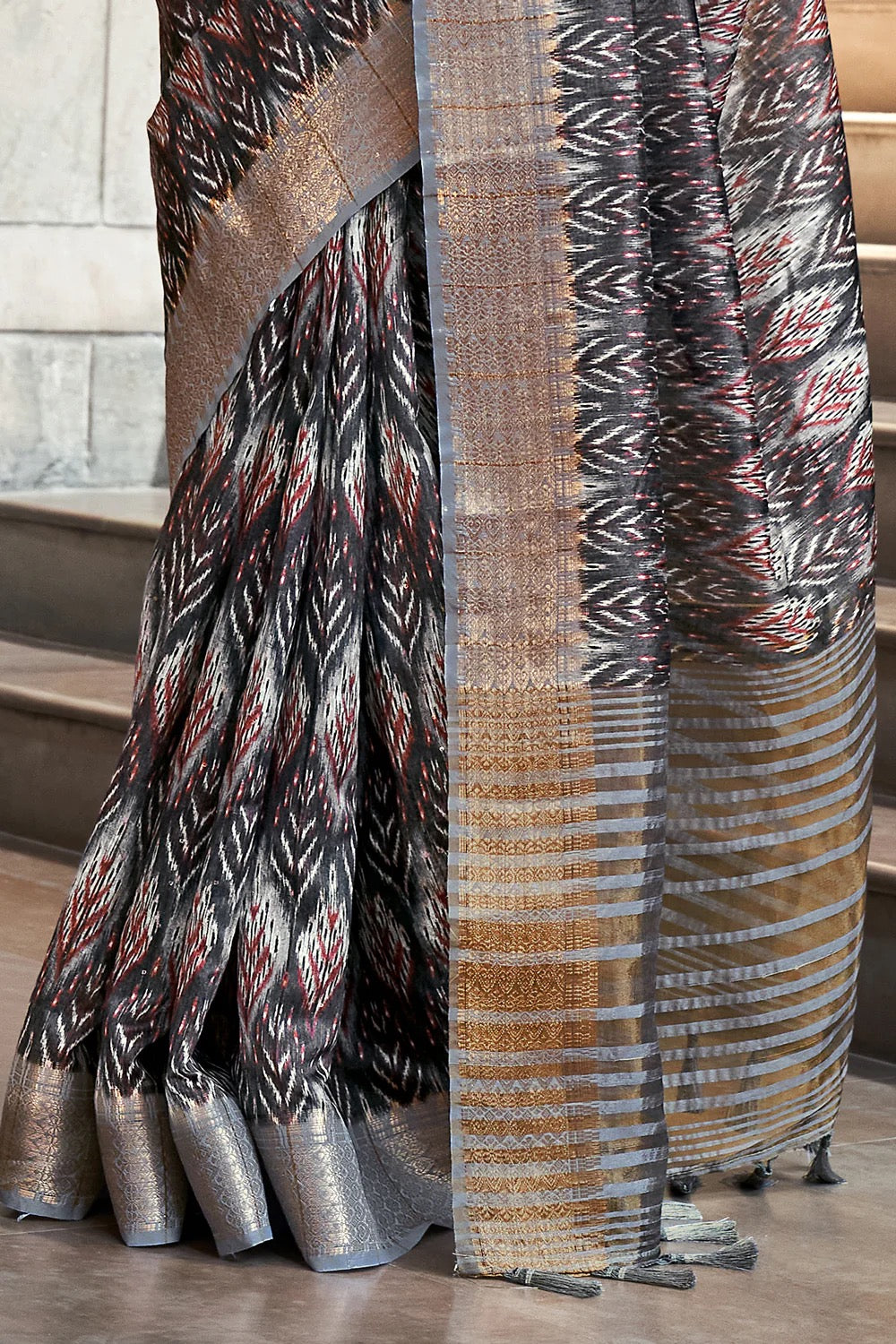Black Printed Ajrakh Silk Saree