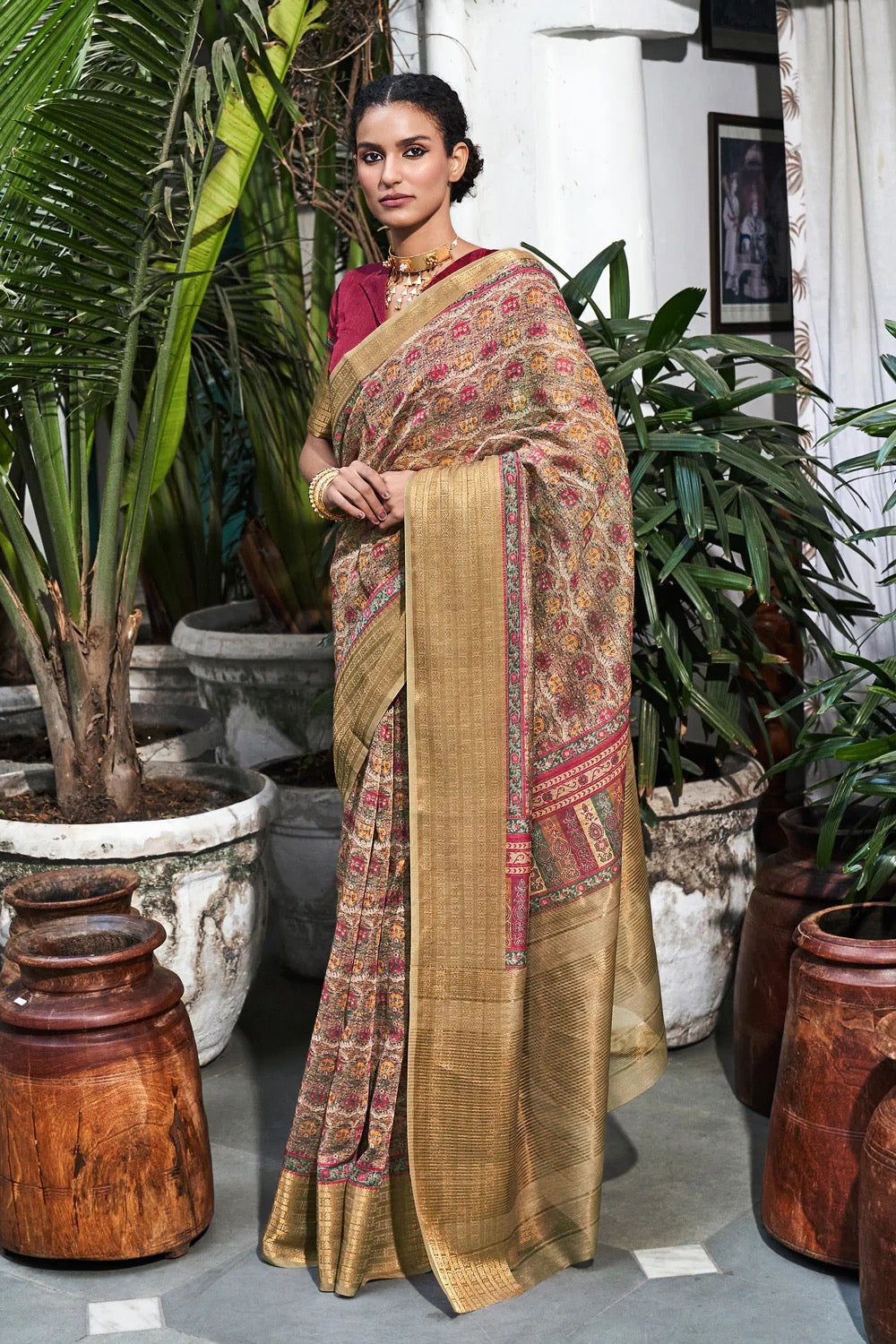 Golden Brown Digital Printed Saree