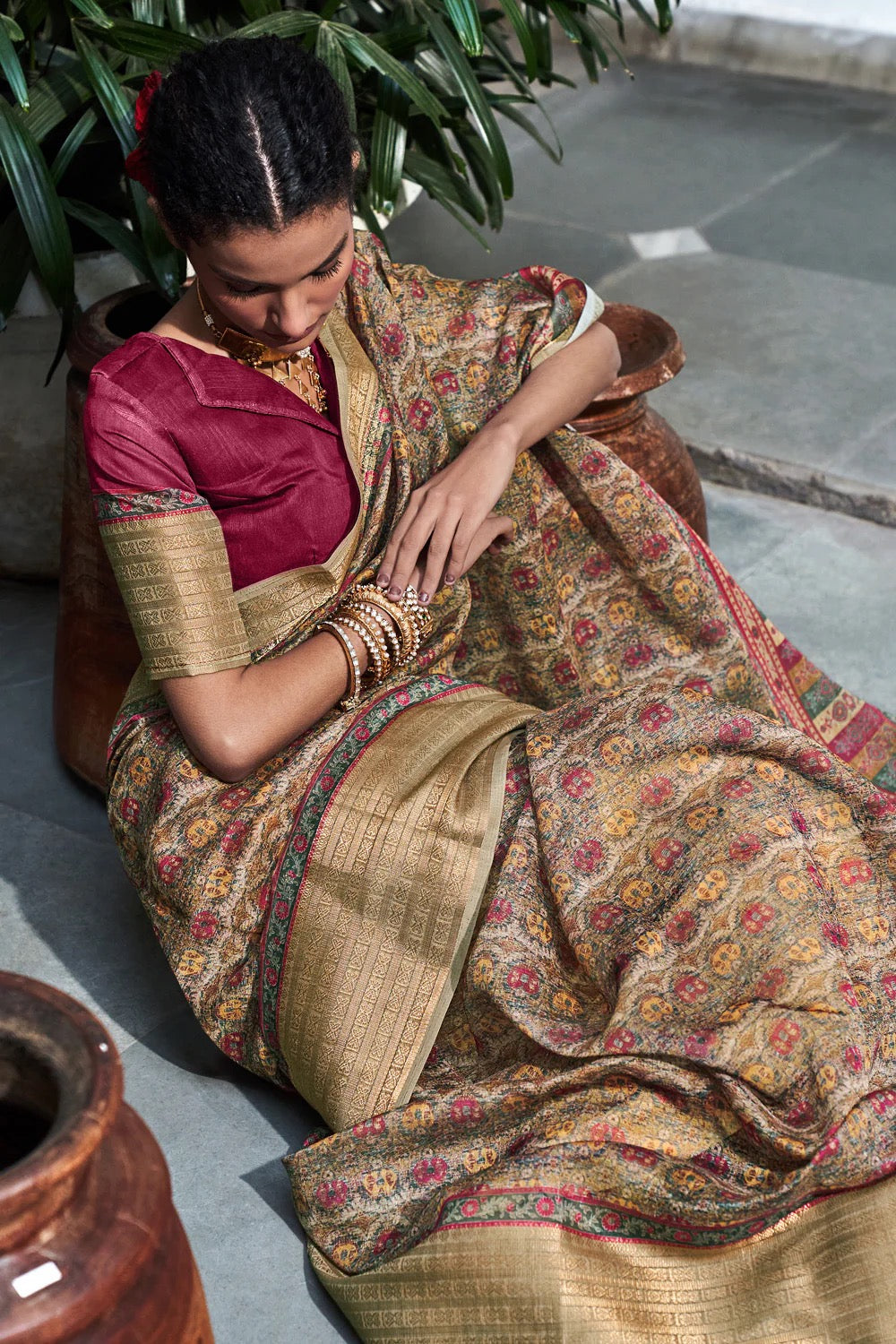 Golden Brown Digital Printed Saree
