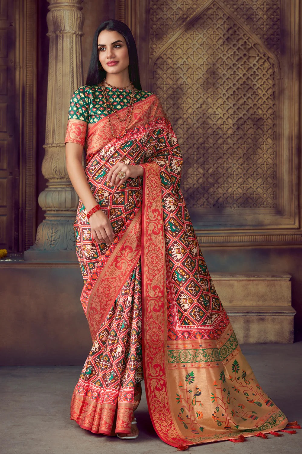 Maroon Toned Paithani Patola Silk Printed Blend Saree