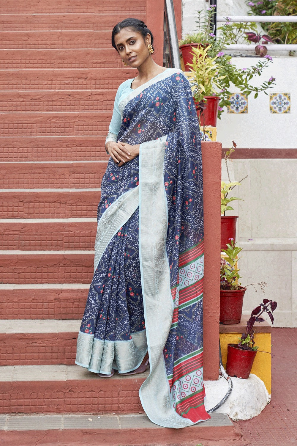 Blue Cotton Printed Saree