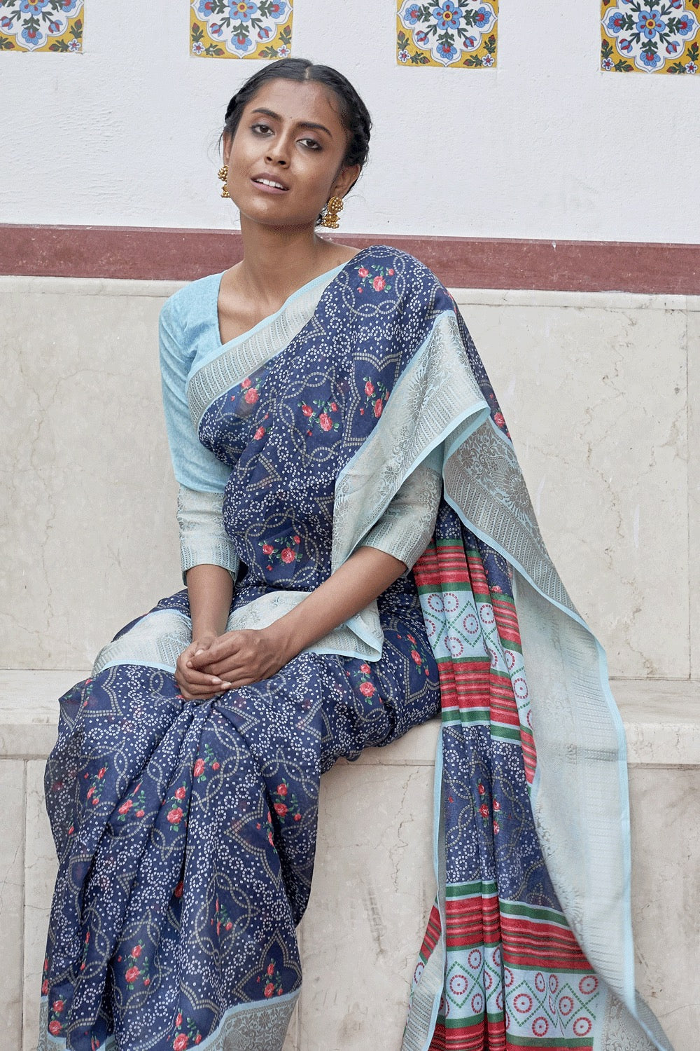 Blue Cotton Printed Saree