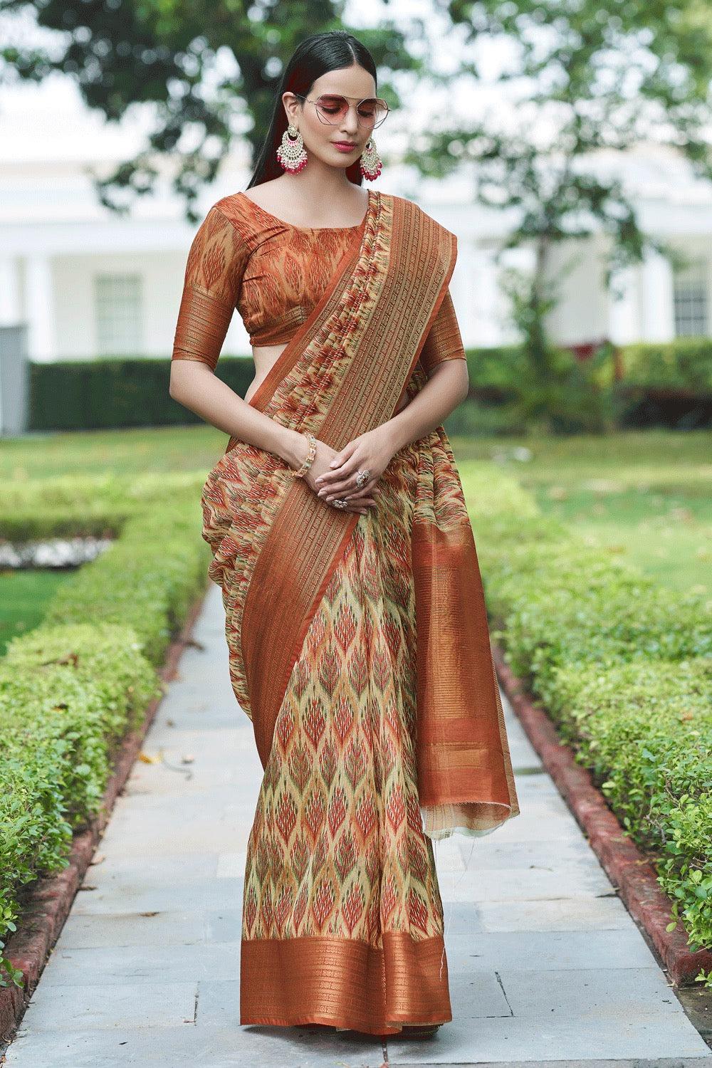 Bright Orange Digital Printed Linen Saree
