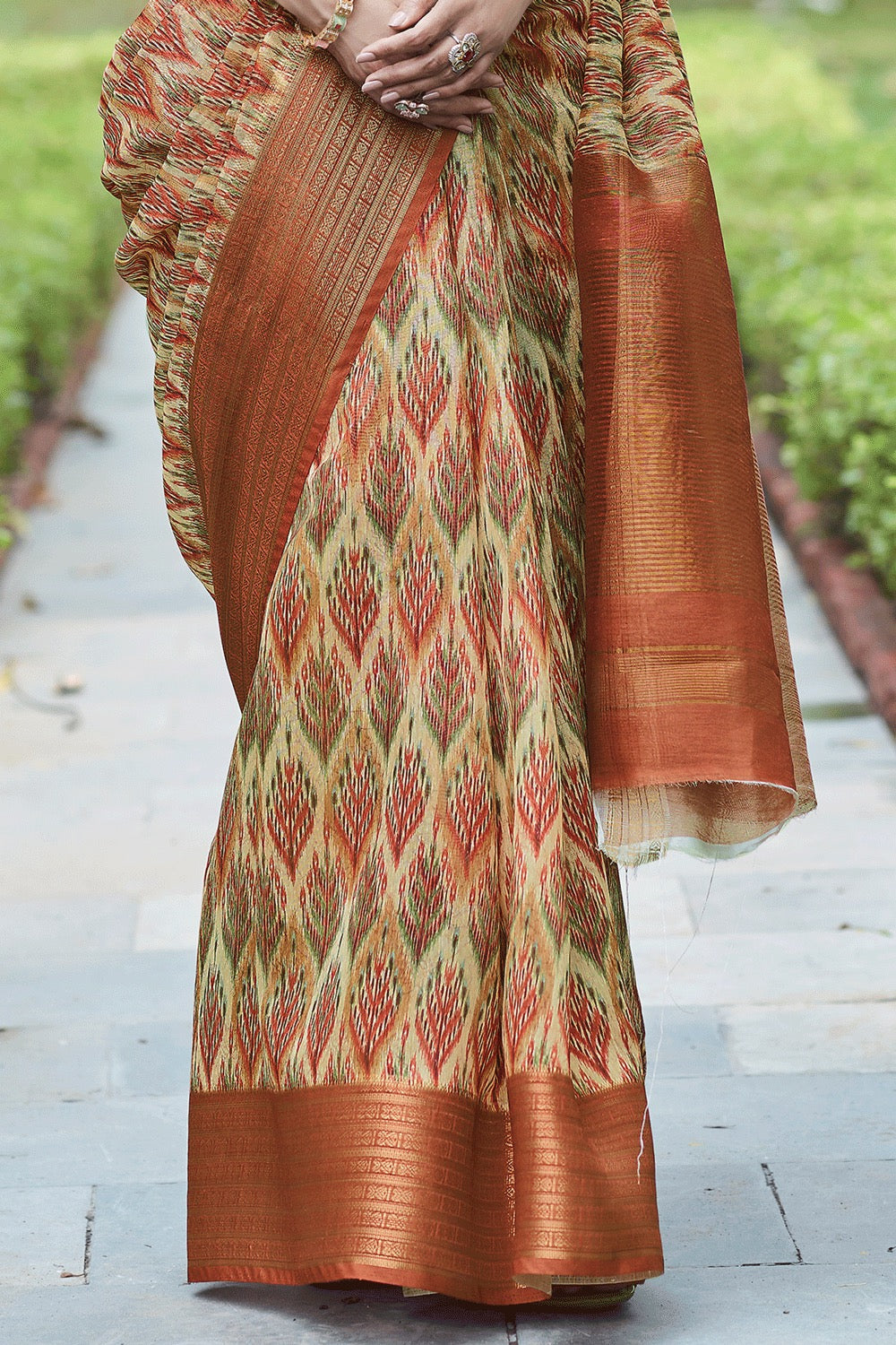 Bright Orange Digital Printed Linen Saree
