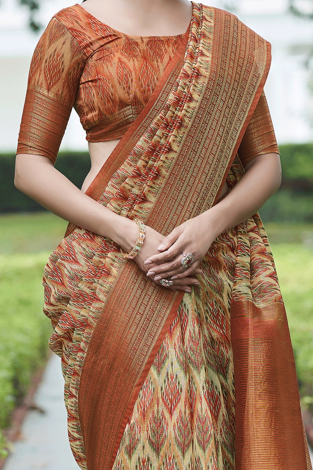 Bright Orange Digital Printed Linen Saree