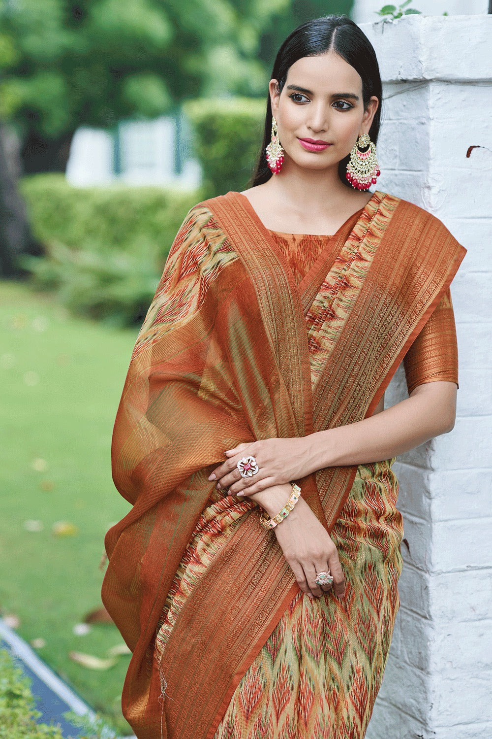 Bright Orange Digital Printed Linen Saree