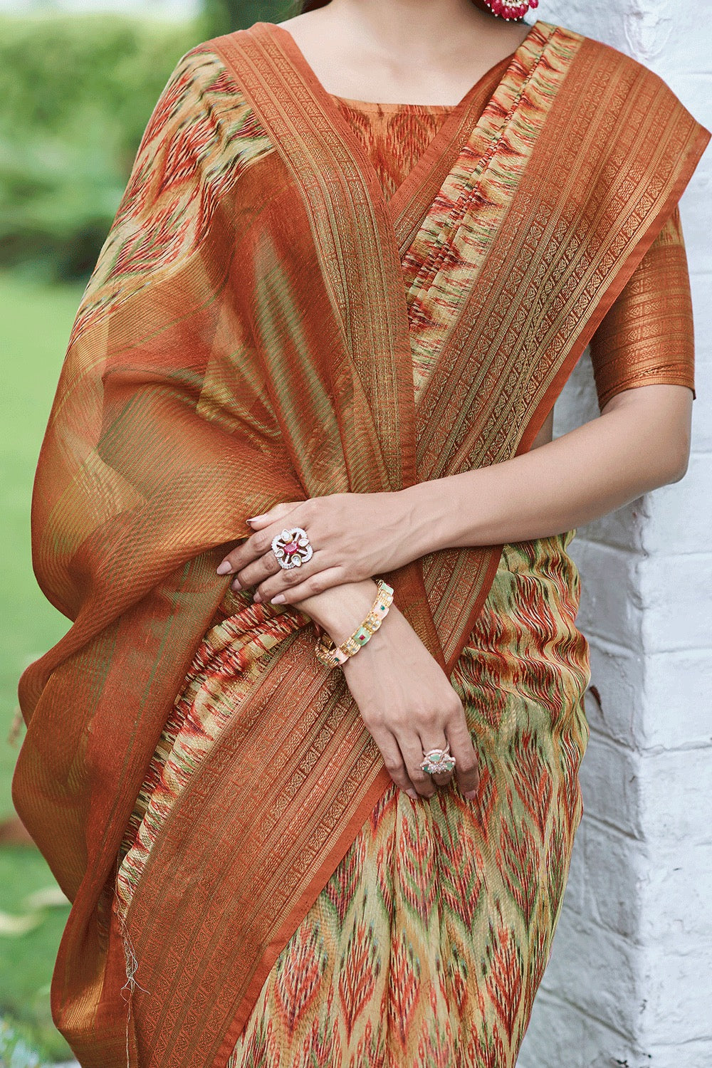 Bright Orange Digital Printed Linen Saree