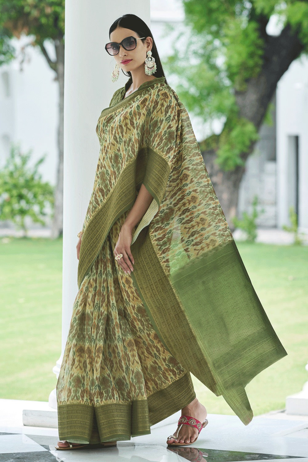 Bridal Green Digital Printed Linen Saree