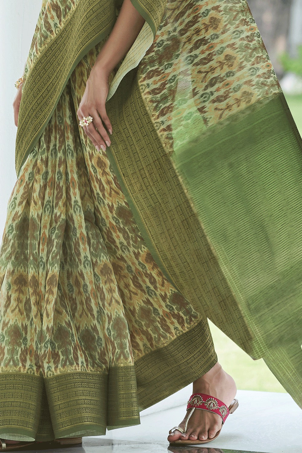 Bridal Green Digital Printed Linen Saree