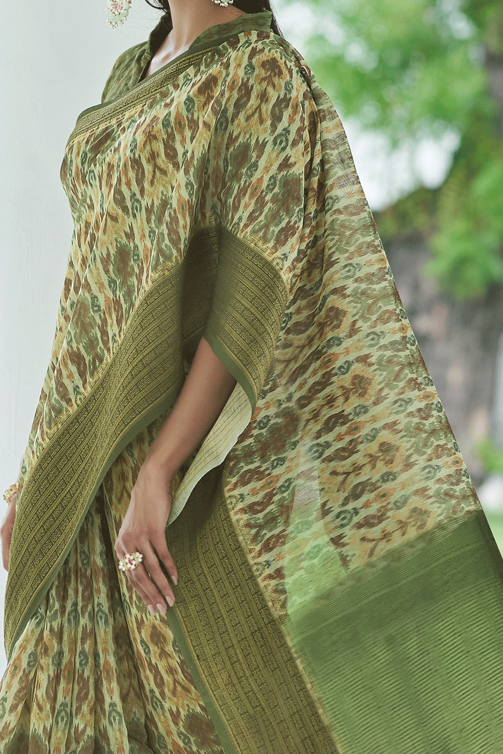 Bridal Green Digital Printed Linen Saree